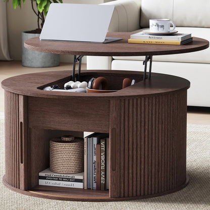 LINSY Lift Top Coffee Table, Oval Fluted Coffee Table with Storage, Mid Century Modern Wooden Coffee Tables with Sliding Tambour Door, 39" Center Table for Living Room, Office, Small Space, Walnut