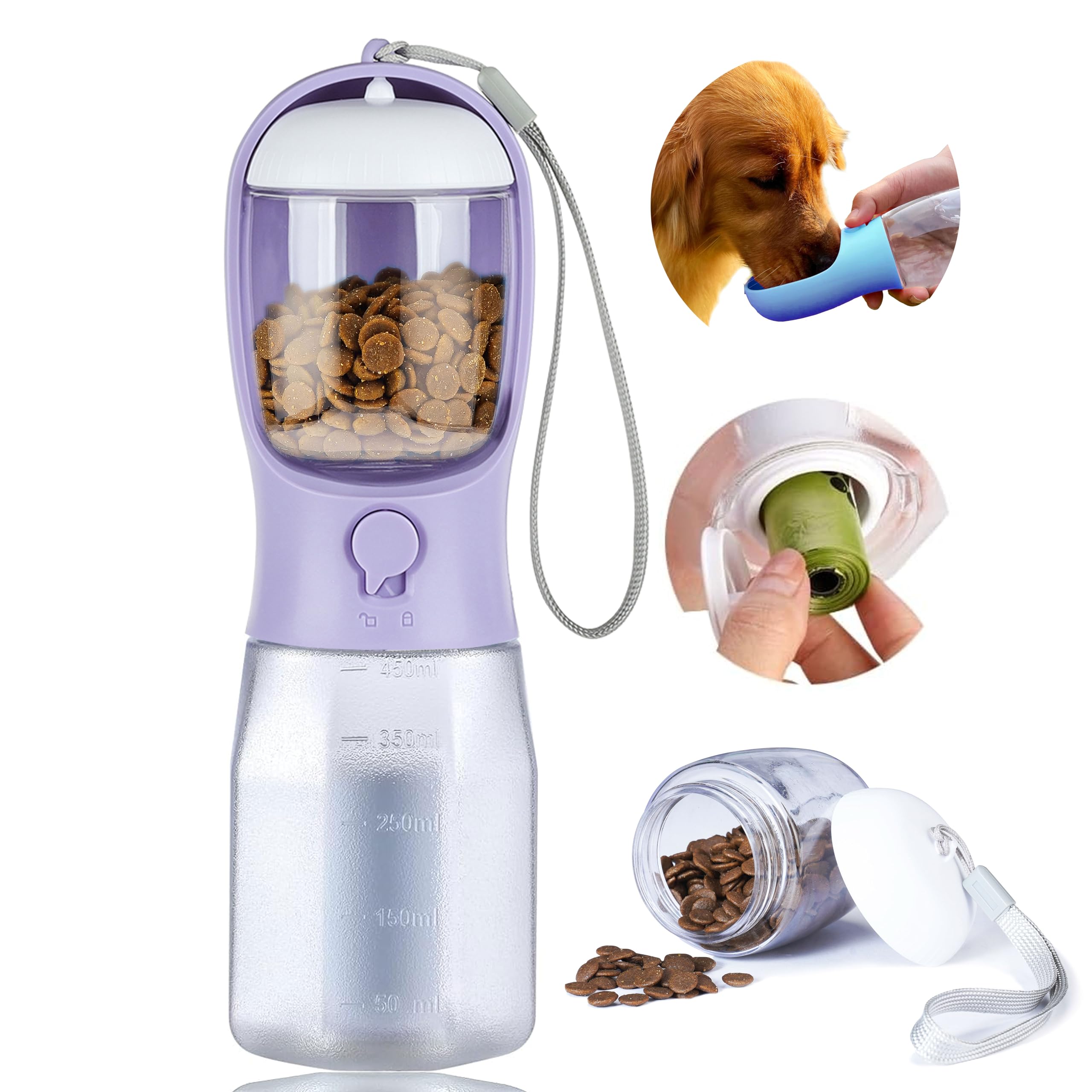 Dog Water Bottle with Food Container, Portable Pet Dog Water Dispenser for Outdoor Walking,Hiking,Travel,Puppy Essentials,Puppy Supplies,Replaceable Waste Bags