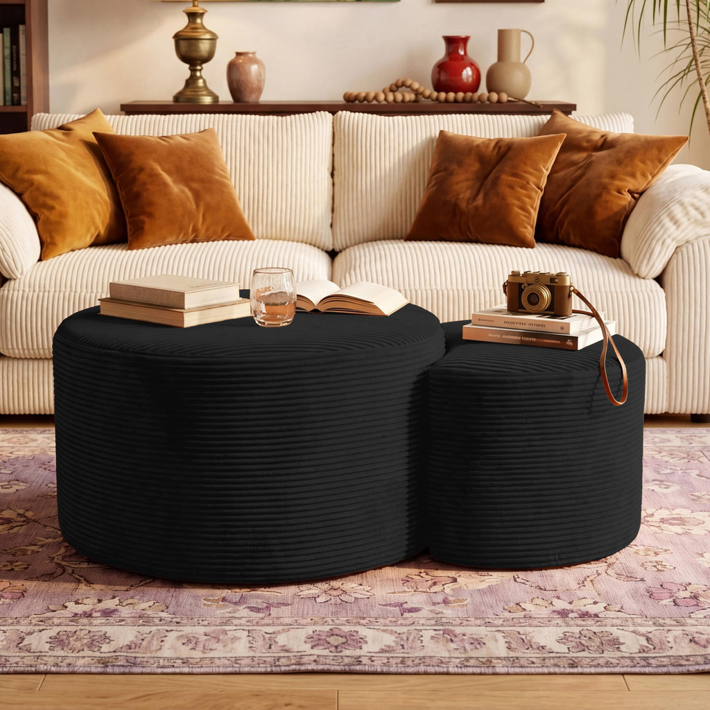 BSHOMGI Round Boneless Ottoman Oversized Ottomans for Living Room, Cloud Rectangle Pouf Coffee Table, Poofy Corduroy Foot Stoolsfor Living Room, Bedroom or Office