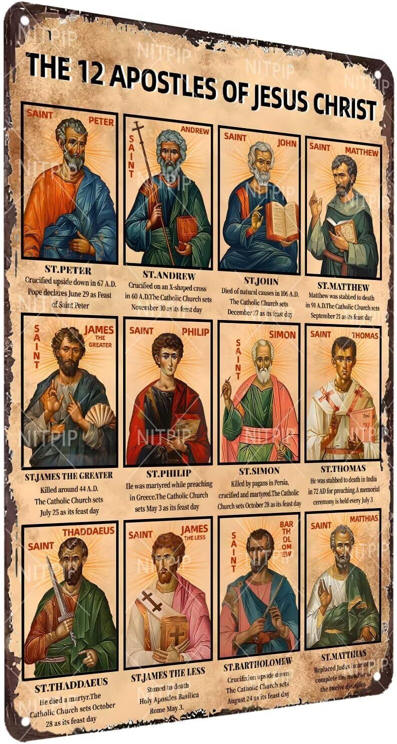 The 12 Apostles Of Jesus Christ Metal Tin Sign Vintage Jesus Metal Tin Sign Religious Metal Sign Faith Sign Bible Wall Art Sign Decor For Church Home Bar Wall Decor 8x12 Inch