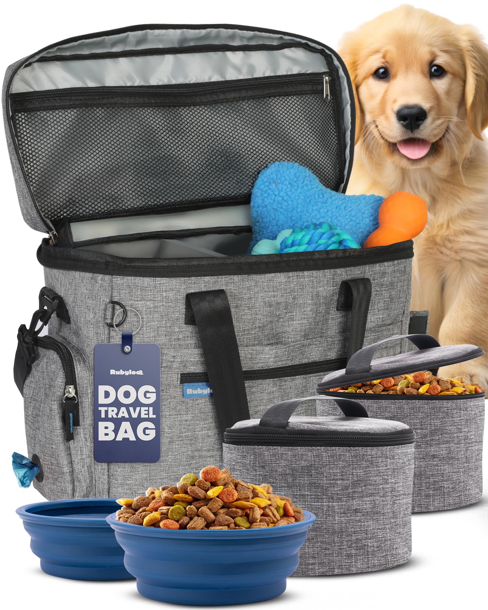 The Original Doggy Bag™ - Complete Dog Travel Bag for Supplies with 2 BPA-Free Travel Dog Bowls & 2 Pet Food Containers - Traveling Kit for Road Trips, Camping, Weekend Away or Doggy Gift: Beige