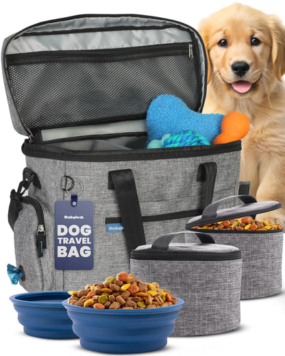 The Original Doggy Bag™ - Complete Dog Travel Bag for Supplies with 2 BPA-Free Travel Dog Bowls & 2 Pet Food Containers - Traveling Kit for Road Trips, Camping, Weekend Away or Doggy Gift: Beige