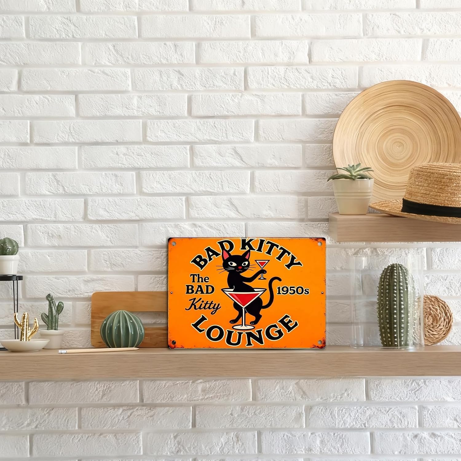 Funny Black Cat Wall Art - Metal Decor Signs Vintage Metal Tin Sign Wall Art "Bad Kitty Lounge" Sign for Women and Cat Lovers Home Decor, Bedroom, Kitchen, Office, Cafe, Bar 8 X 12 Inch