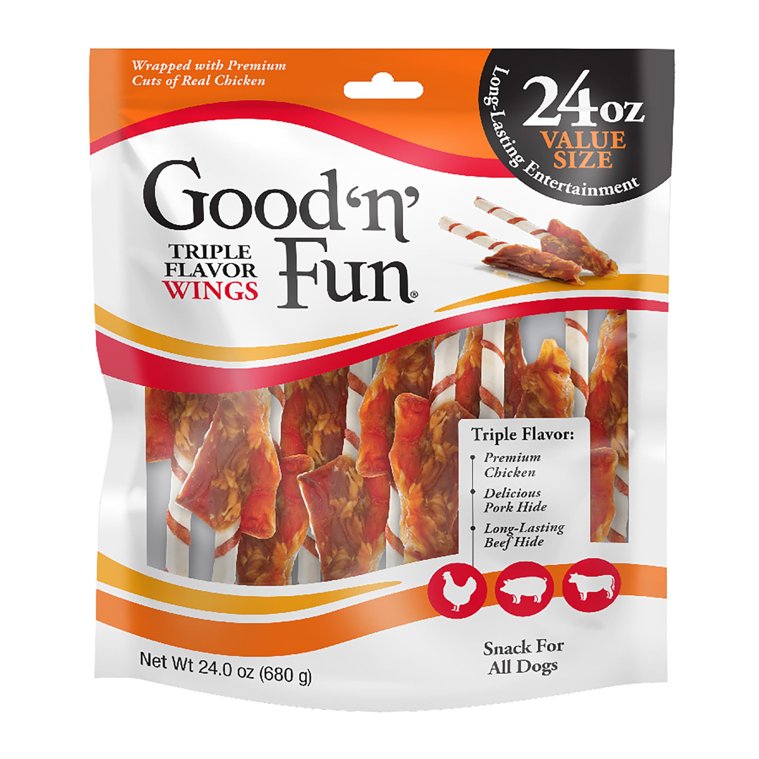 Good ‘n’ Fun Triple Flavor Wings Chews for All Dogs, Treat Your Dog to Long-Lasting Chews Made with Chicken, Beef Hide and Pork Hide, 8 oz