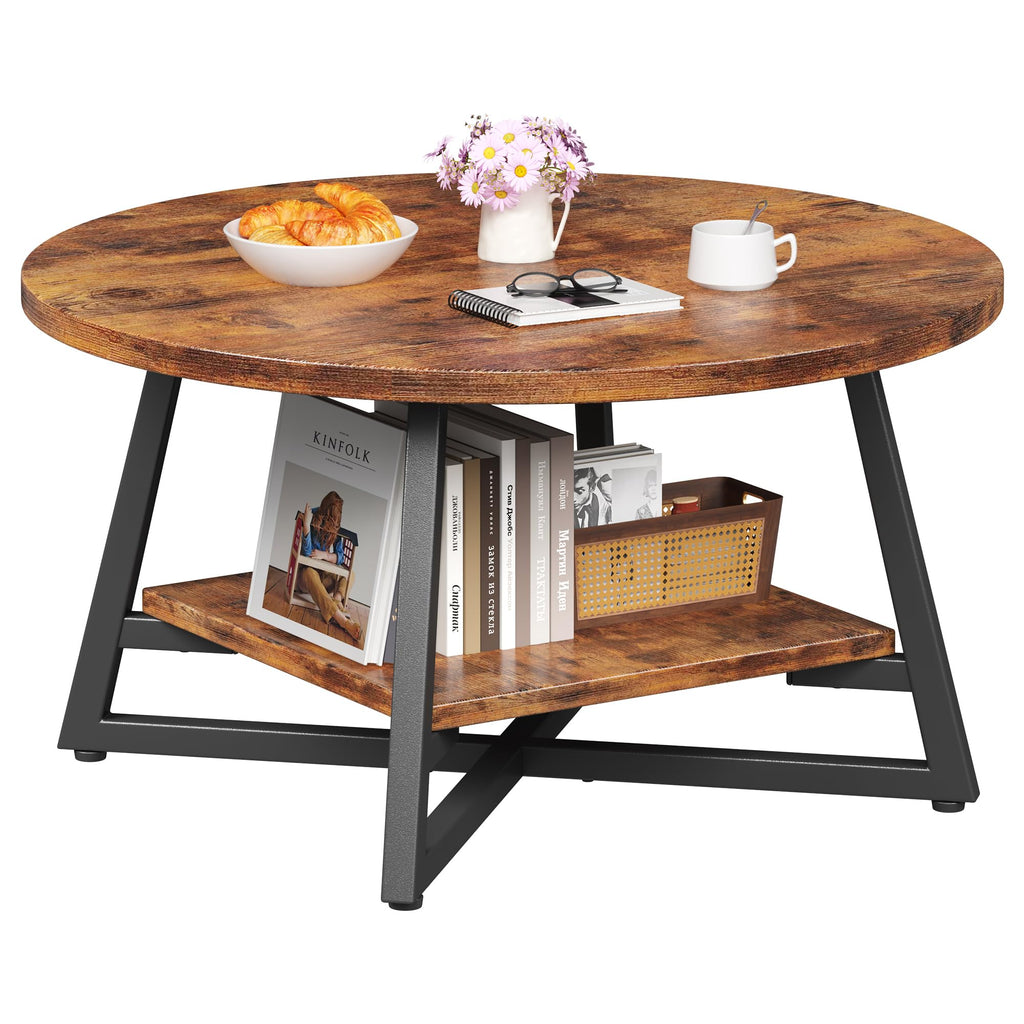 Round Coffee Table, Small Circle Coffee Table with Storage, Modern Wood Round Center Table for Living Room, Home Office, Small Space, Easy Assembly, Rustic Brown