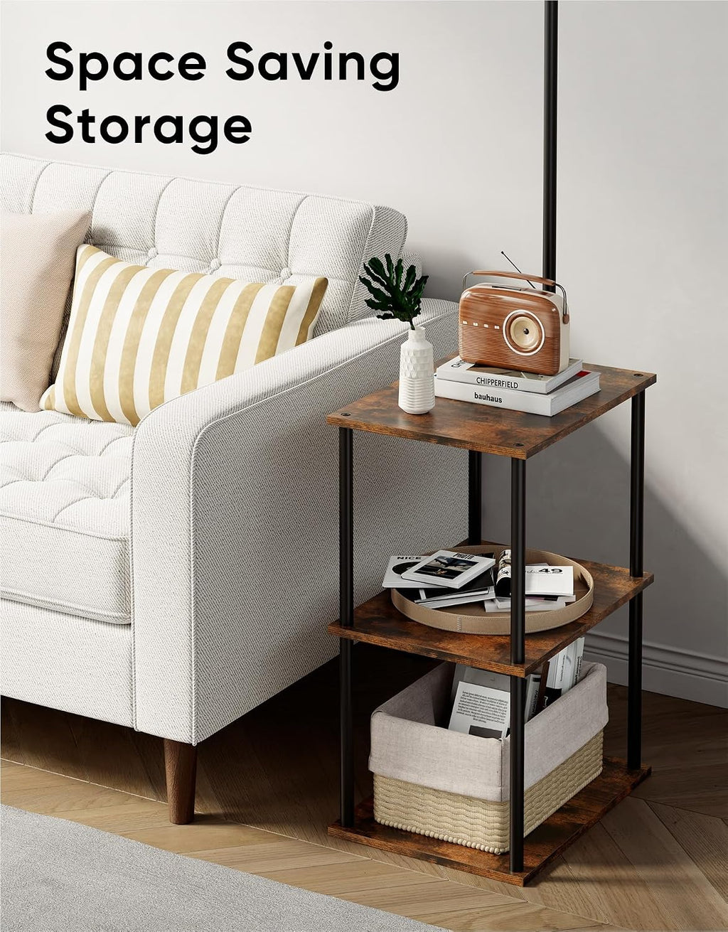 PARTPHONER Floor Lamp with Table, Night Stand with Lamp, Narrow Side Table with 3CCT LED Bulb, Small Coffee Table, Modern End Table with Storage Shelves for Living Room Bedroom Home Décor