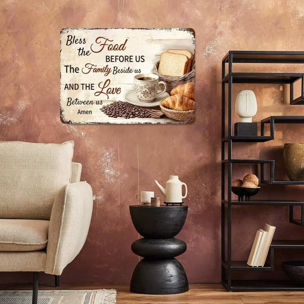 Bless the Food Before Us Wall Decor Christian Gift Bible Verse Metal Tin Signs Inspirational Sign for Farmhouse Kitchen Dining Room Wall Decor 8x12 Inch