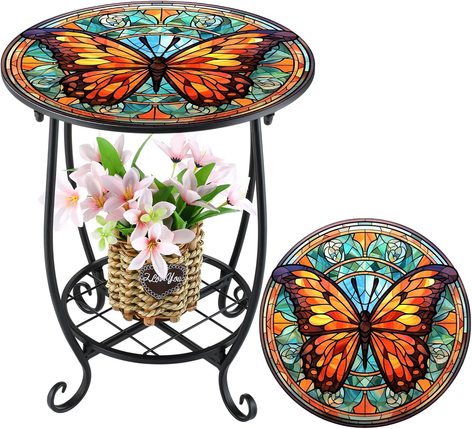 Cinnvoice Outdoor Side Table Round Small Mosaic Patio Accent Indoor End Plant Coffee Tea Table for Yard Patio Porch Garden Living Room, Bedroom(Butterfly Style,14 Inch)