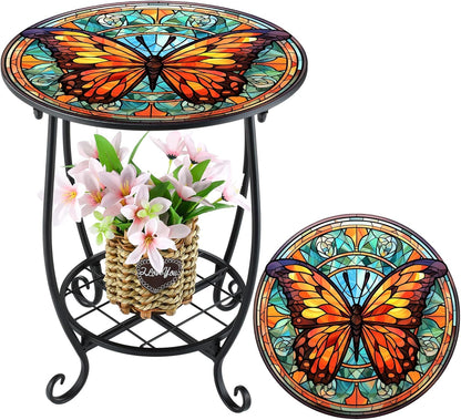 Cinnvoice Outdoor Side Table Round Small Mosaic Patio Accent Indoor End Plant Coffee Tea Table for Yard Patio Porch Garden Living Room, Bedroom(Butterfly Style,14 Inch)