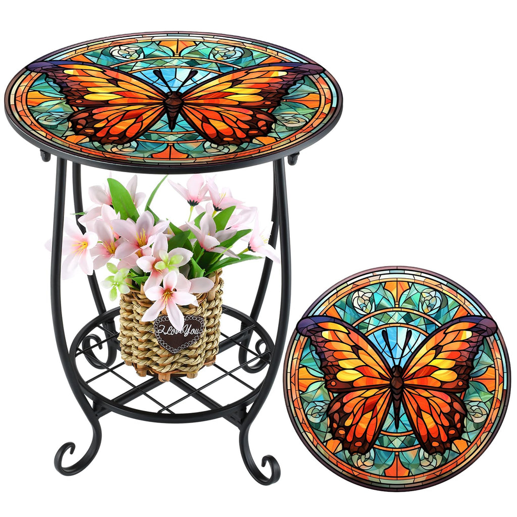 Cinnvoice Outdoor Side Table Round Small Mosaic Patio Accent Indoor End Plant Coffee Tea Table for Yard Patio Porch Garden Living Room, Bedroom(Butterfly Style,14 Inch)