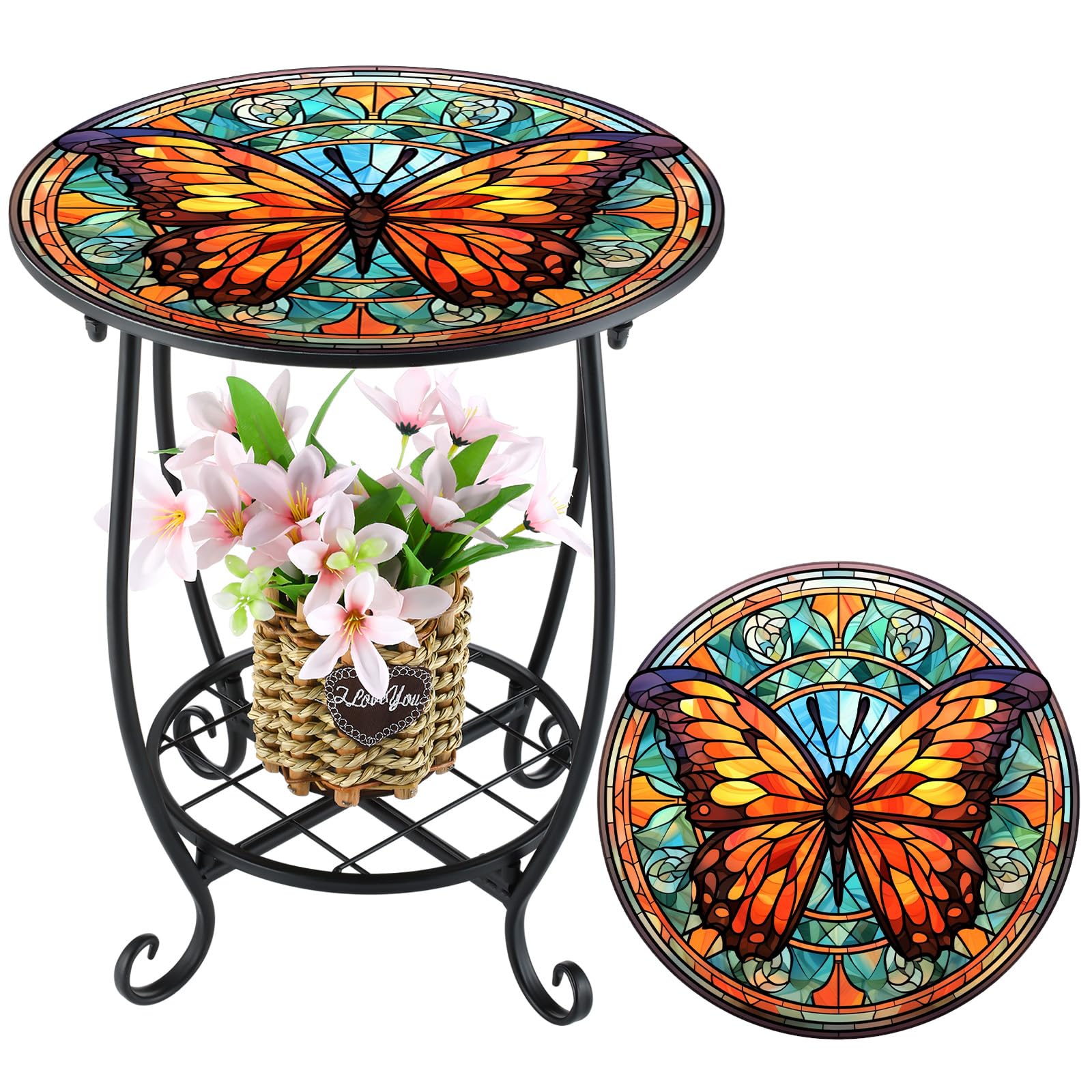 Cinnvoice Outdoor Side Table Round Small Mosaic Patio Accent Indoor End Plant Coffee Tea Table for Yard Patio Porch Garden Living Room, Bedroom(Butterfly Style,14 Inch)