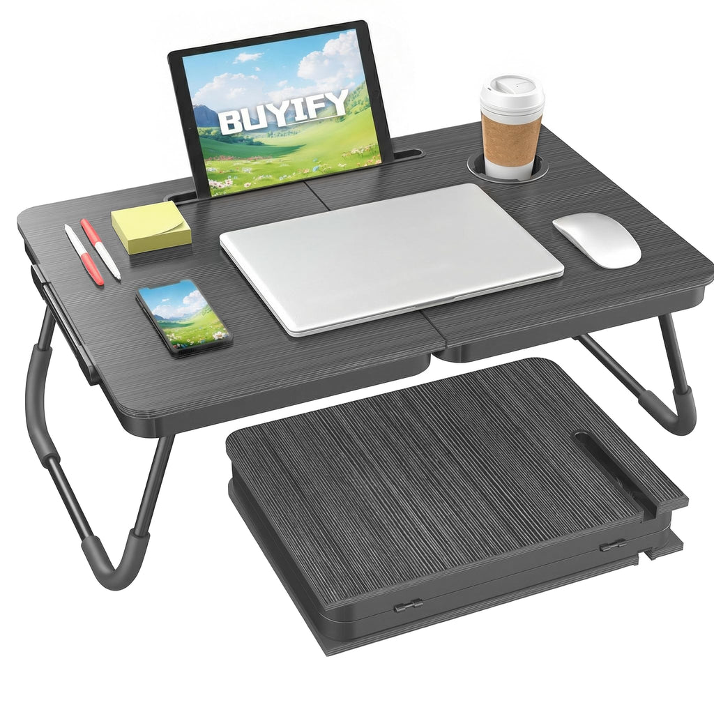 BUYIFY Foldable Laptop Bed Desk for Couch, Sofa - Large Lap Desk Tray Table with Cup Holder and Tablet Slot - Portable Notebook Stand for Eating, Writing, Studying and WFH -NEW-006-USA Original Patent