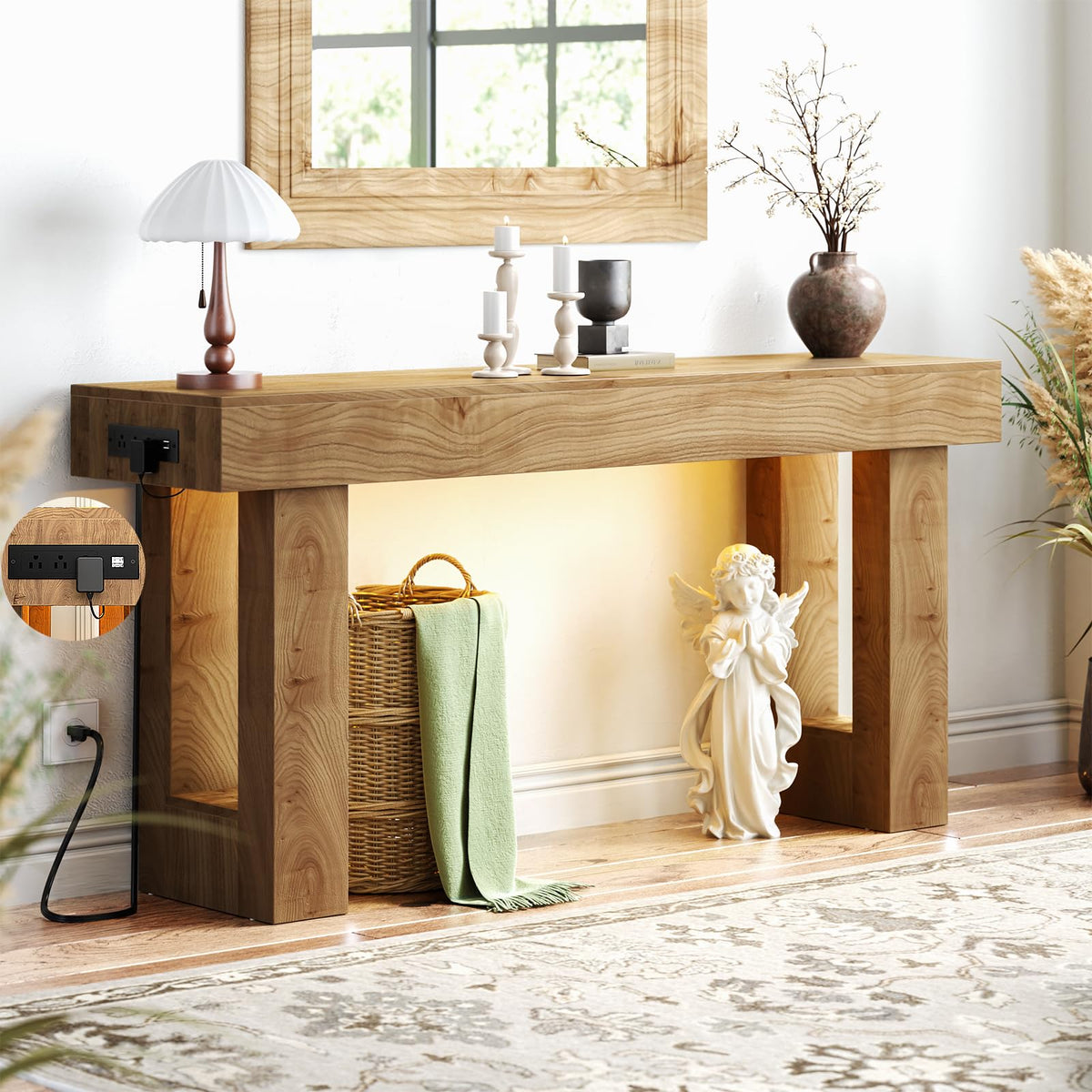 Unikito 47" Entryway Table with Socket and Sensor Light, Narrow Console Table with Storage Behind Couch, Farmhouse Entry Way Tables with Open Storage for Entrance/Hallway/Living Room, Natural Oak
