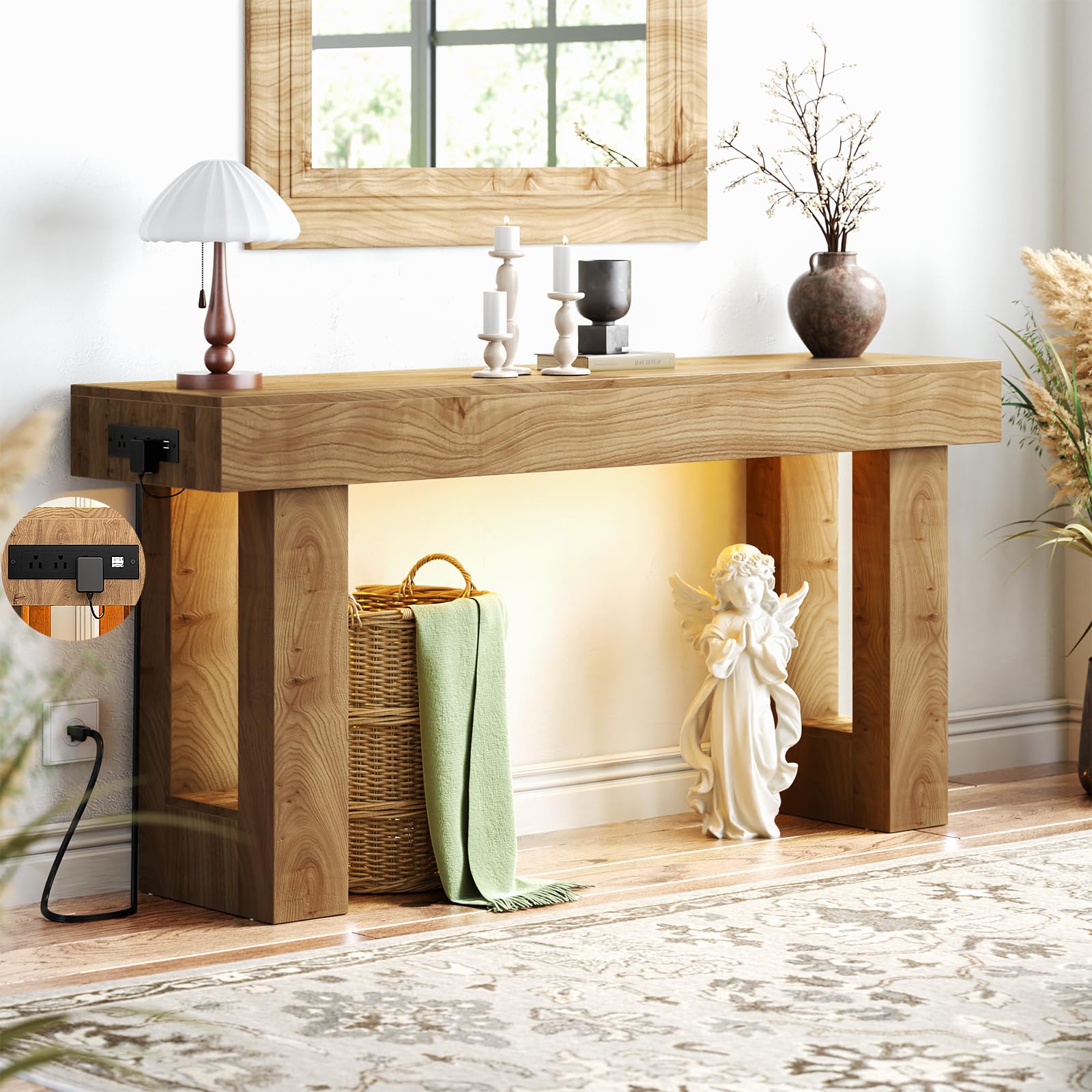 Unikito 47" Entryway Table with Socket and Sensor Light, Narrow Console Table with Storage Behind Couch, Farmhouse Entry Way Tables with Open Storage for Entrance/Hallway/Living Room, Natural Oak