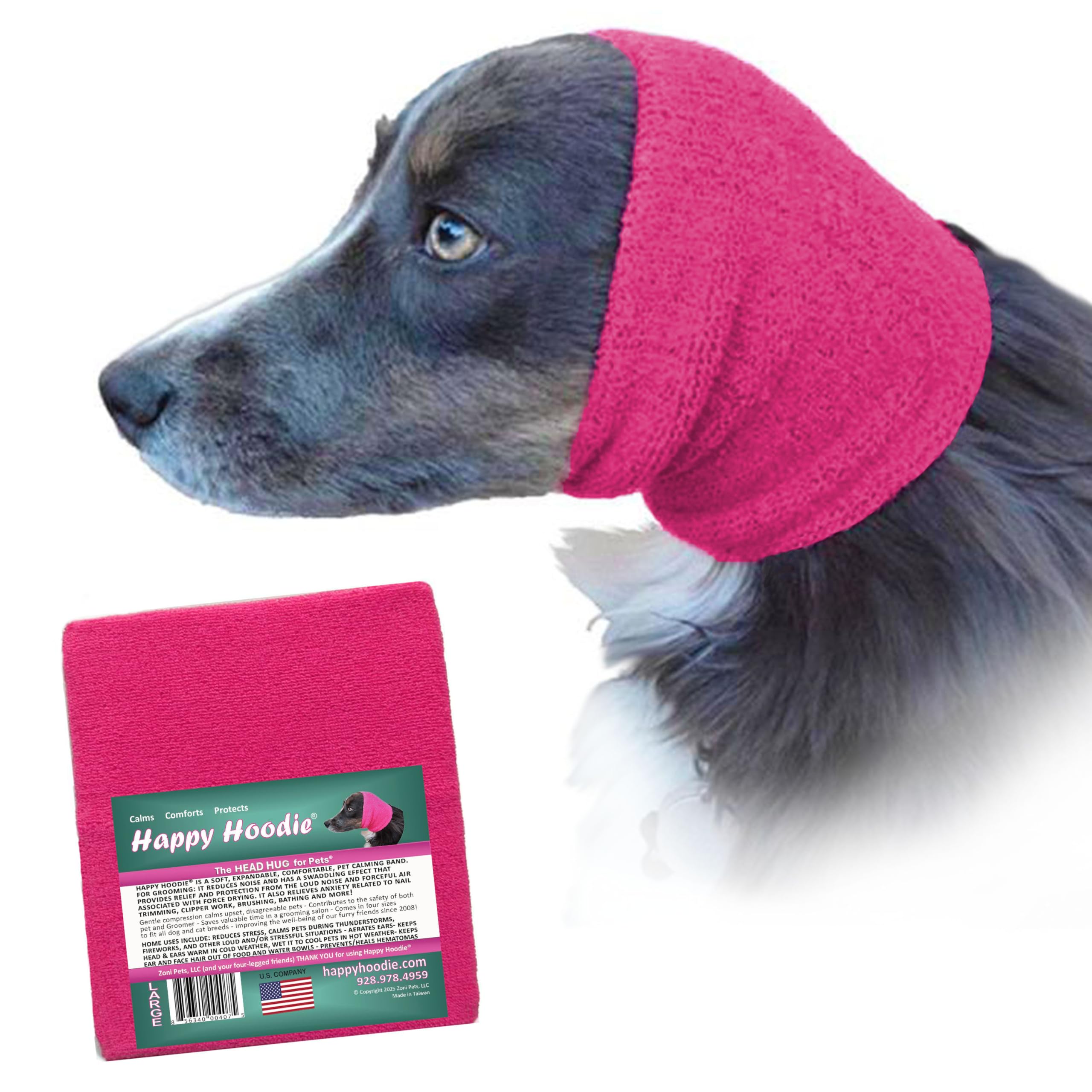 Happy Hoodie The Original Dog & Cat Calming Band - American Brand - Anxiety Relief/Noise Protection-Grooming-Thunder-Fireworks (Large, Blue) - Since 2008