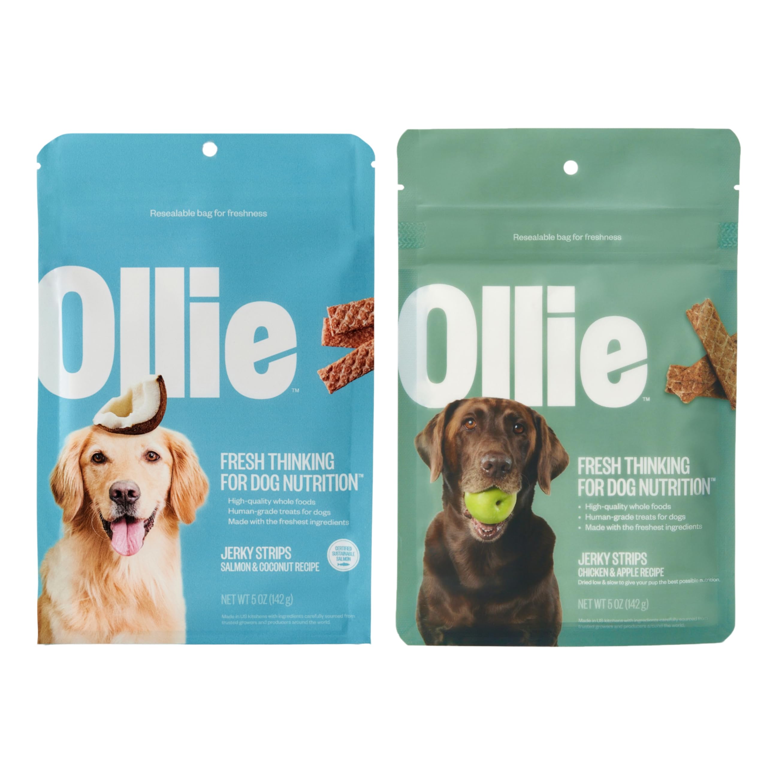 Ollie Jerky Dog Treats Variety Pack, Chicken and Apple and Beef and Sweet Potato Bundle, All Natural, Healthy, Made with Real Meat 5 Oz. Pack of 2