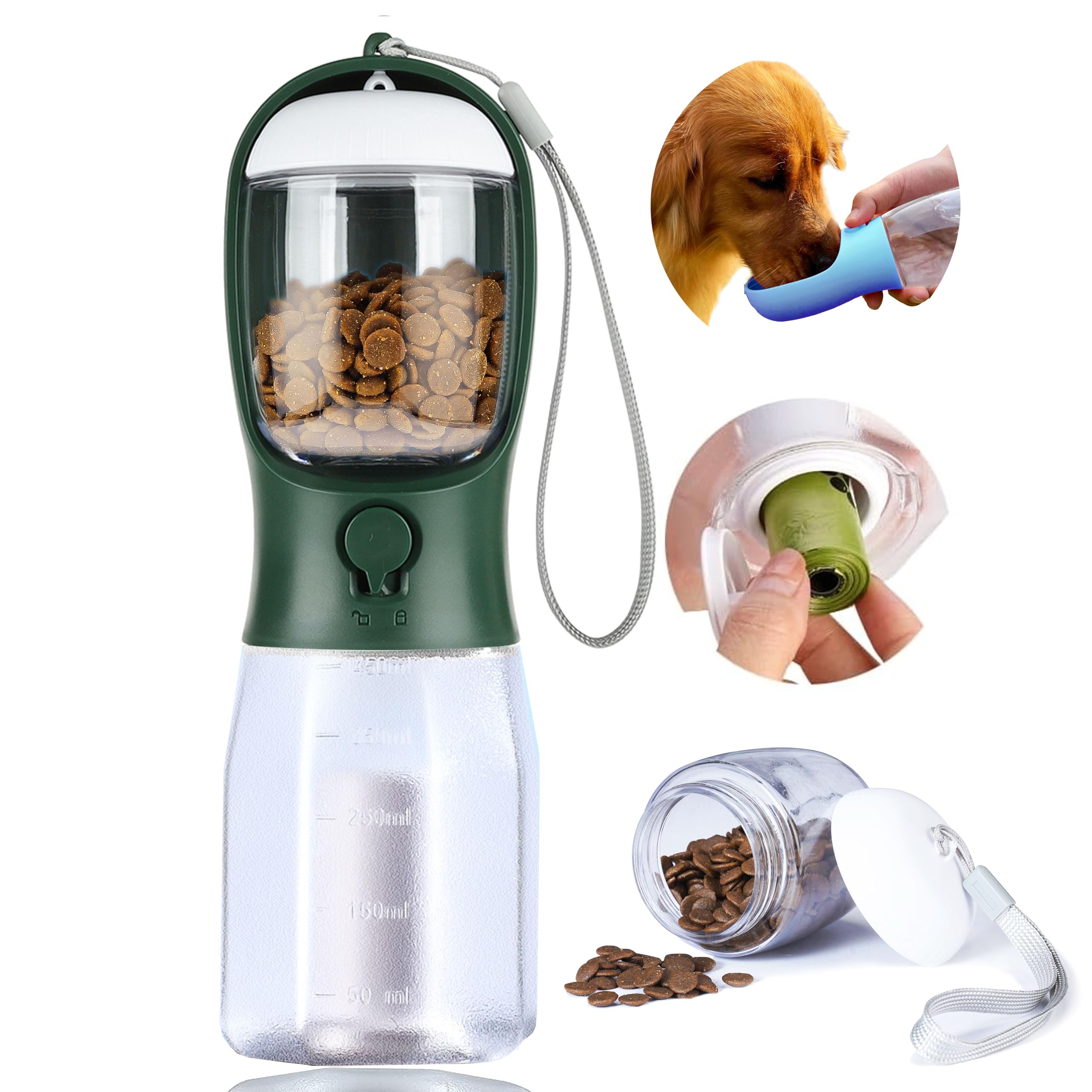Dog Water Bottle with Food Container, Portable Pet Dog Water Dispenser for Outdoor Walking,Hiking,Travel,Puppy Essentials,Puppy Supplies,Replaceable Waste Bags