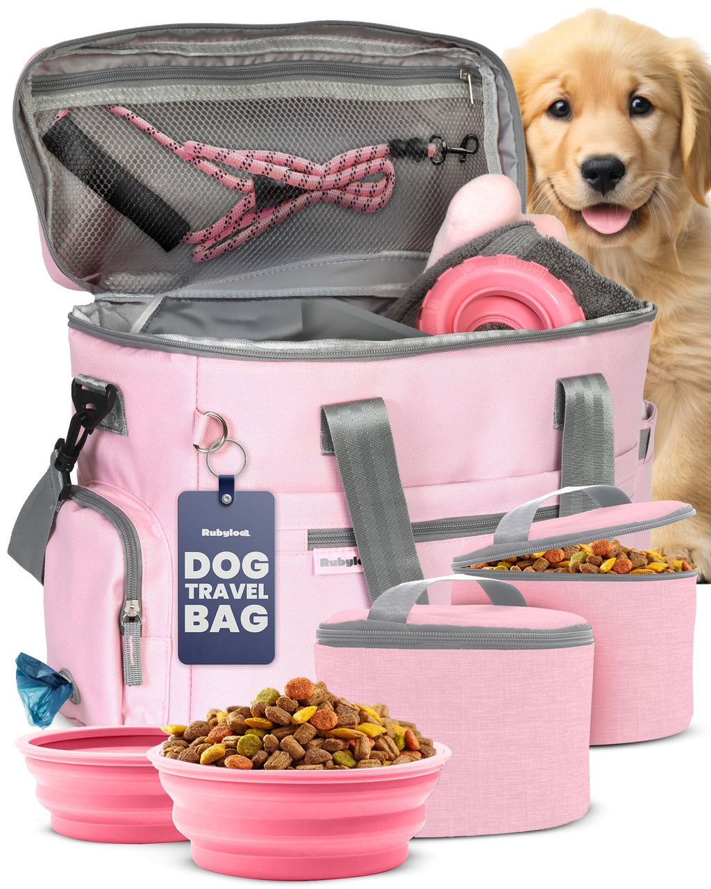 The Original Doggy Bag™ - Complete Dog Travel Bag for Supplies with 2 BPA-Free Travel Dog Bowls & 2 Pet Food Containers - Traveling Kit for Road Trips, Camping, Weekend Away or Doggy Gift: Beige