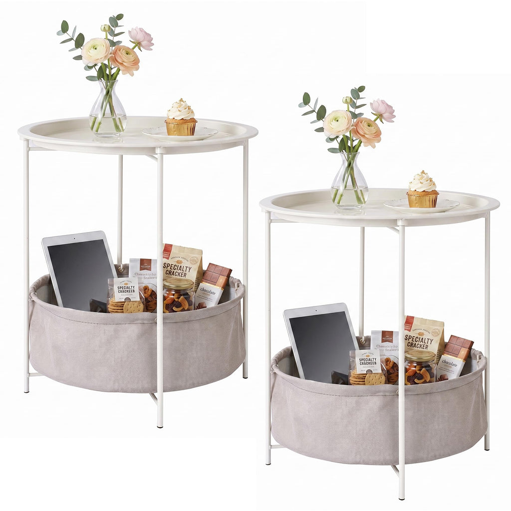VECELO Side/End Table, Folding Round Metal Anti-Rust and Waterproof Outdoor or Indoor Tray for Living Room Bedroom Balcony and Office, 2 PCS, Dark Green
