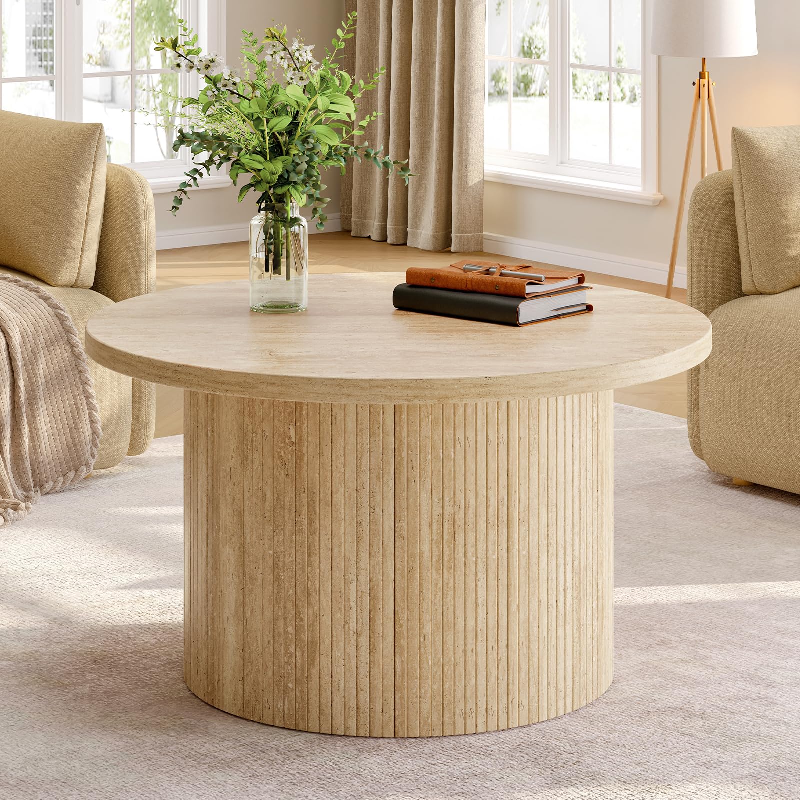 ONBRILL 31.5" Round Coffee Table, Tambour Design Coffee Tables for Living Room, Mid Century Modern Wood Coffee Table, Drum Accent Small Center Table, Black