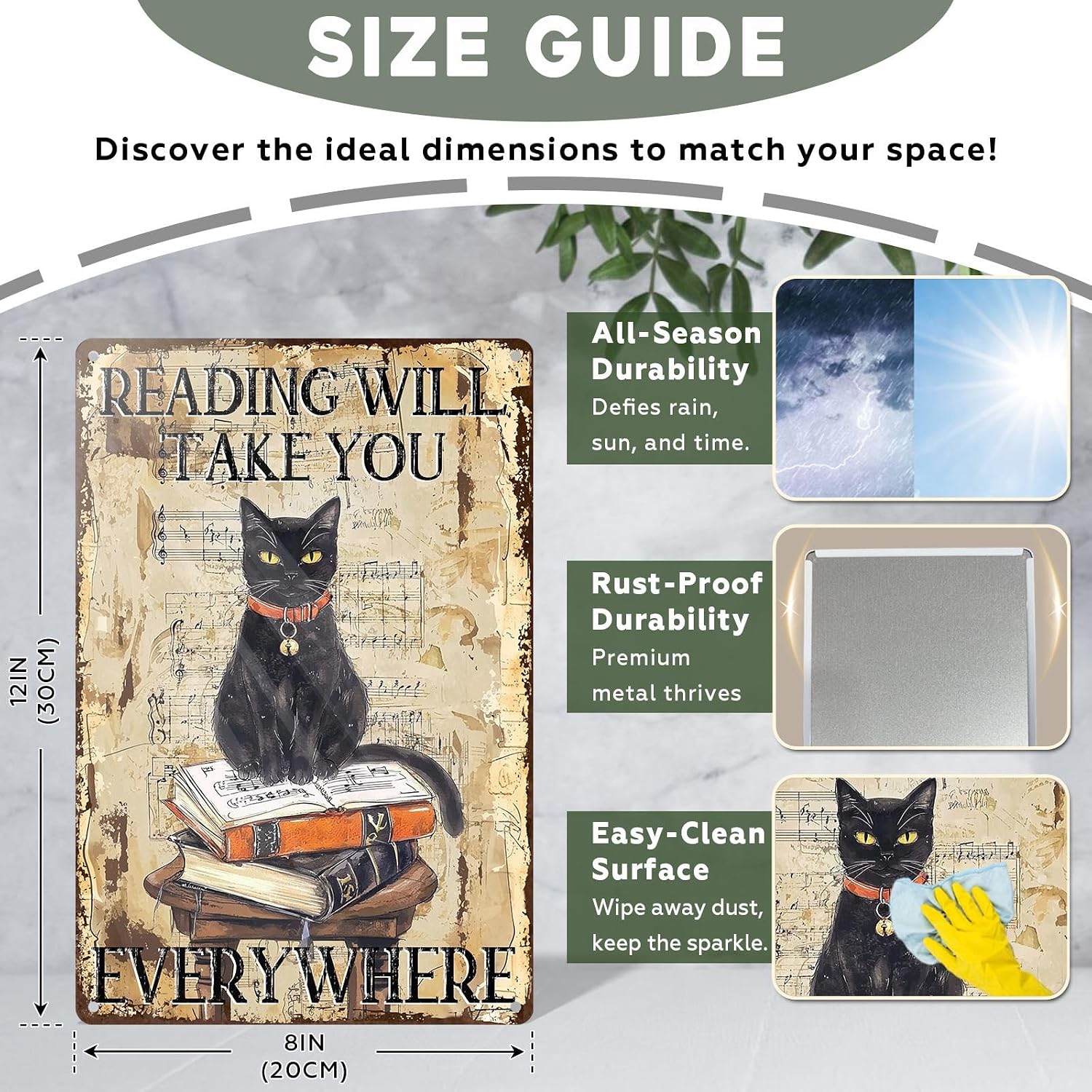 Black Cat Reading Vintage Metal Sign Reading Will Take You Everywhere Retro Wall Decor for Library Book Home Bedroom Office Decoration 8x12inch
