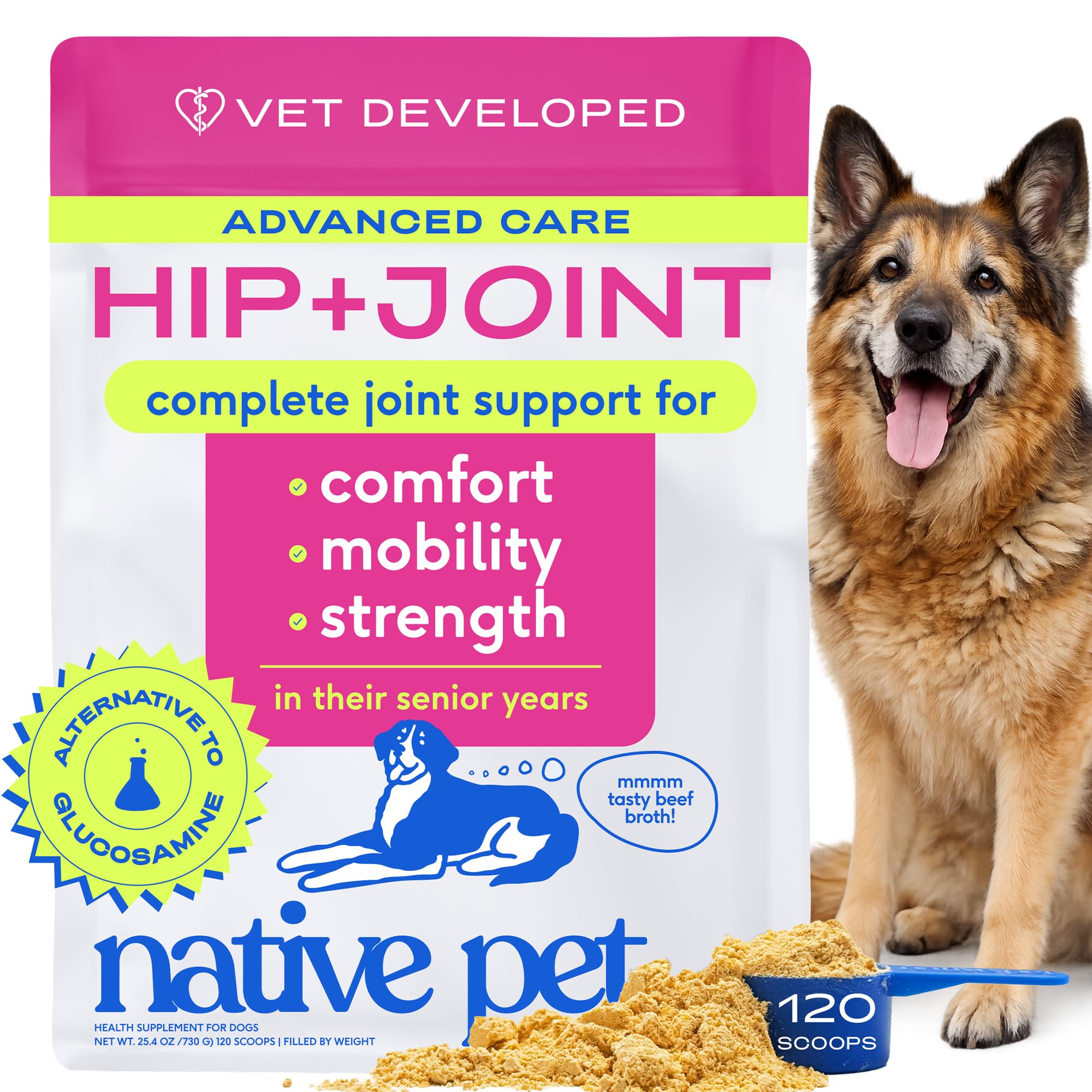 Native Pet Hip & Joint Advanced Care Dog Joint Supplement Powder for Mobility & Movement Support, Joint Supplement for Dogs with HMB, UC-II Collagen, Green Lipped Mussel & Hyaluronic Acid – 30 Scoops