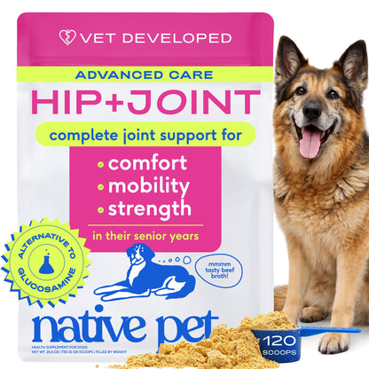 Native Pet Hip & Joint Advanced Care Dog Joint Supplement Powder for Mobility & Movement Support, Joint Supplement for Dogs with HMB, UC-II Collagen, Green Lipped Mussel & Hyaluronic Acid – 30 Scoops