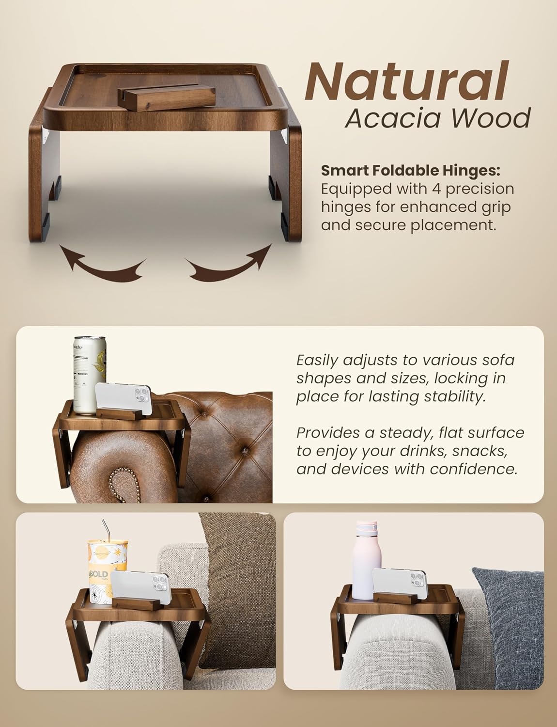 HOLANA 15.75" Acacia Couch Armrest Table - Wood Couch Arm Tray with Phone Holder – Sofa Side Table, Armchair Caddy, Sofa Arm Table for Home Sofa Living Room (Walnut)