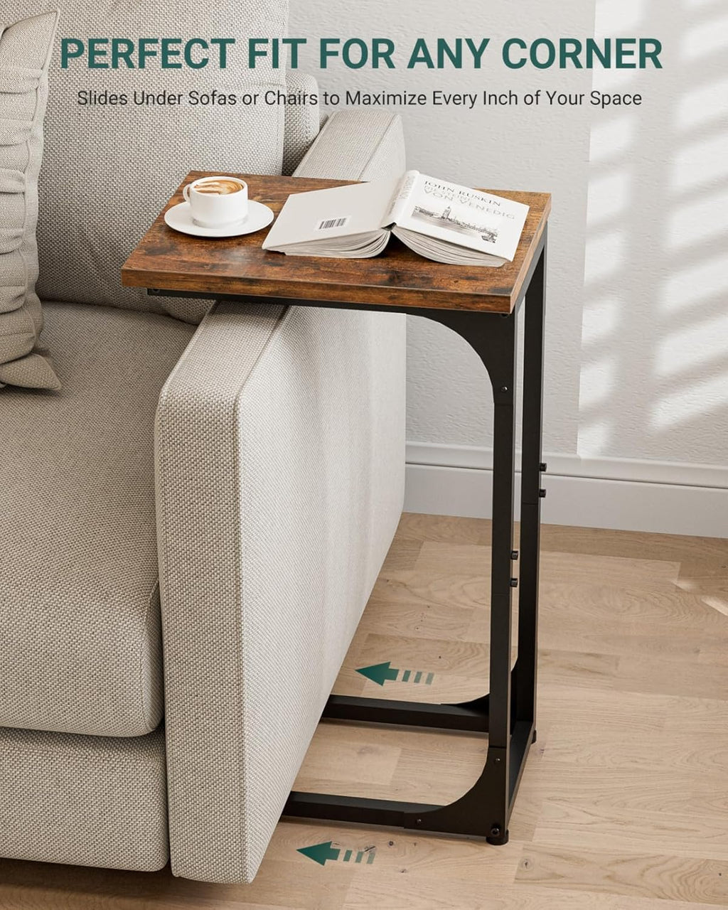 C-Shaped Side Table for Couch - Small Coffee Stand Sofa Tray Desk with Metal Frame and Waterproof Scratch Resistant, Modern End Accent for Living Room, Bedroom, Small Spaces, Rustic Brown