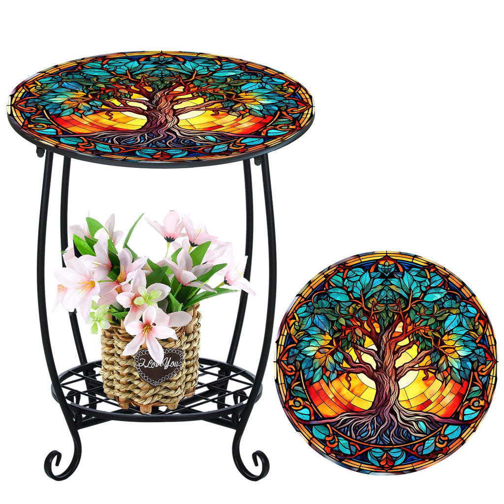 Cinnvoice Outdoor Side Table Round Small Mosaic Patio Accent Indoor End Plant Coffee Tea Table for Yard Patio Porch Garden Living Room, Bedroom(Butterfly Style,14 Inch)