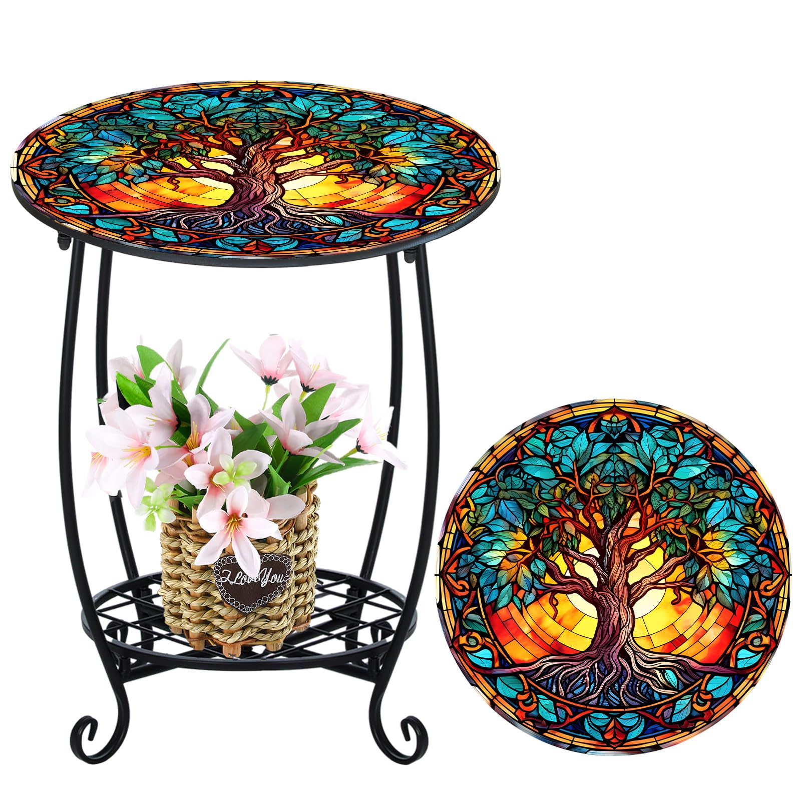 Cinnvoice Outdoor Side Table Round Small Mosaic Patio Accent Indoor End Plant Coffee Tea Table for Yard Patio Porch Garden Living Room, Bedroom(Butterfly Style,14 Inch)