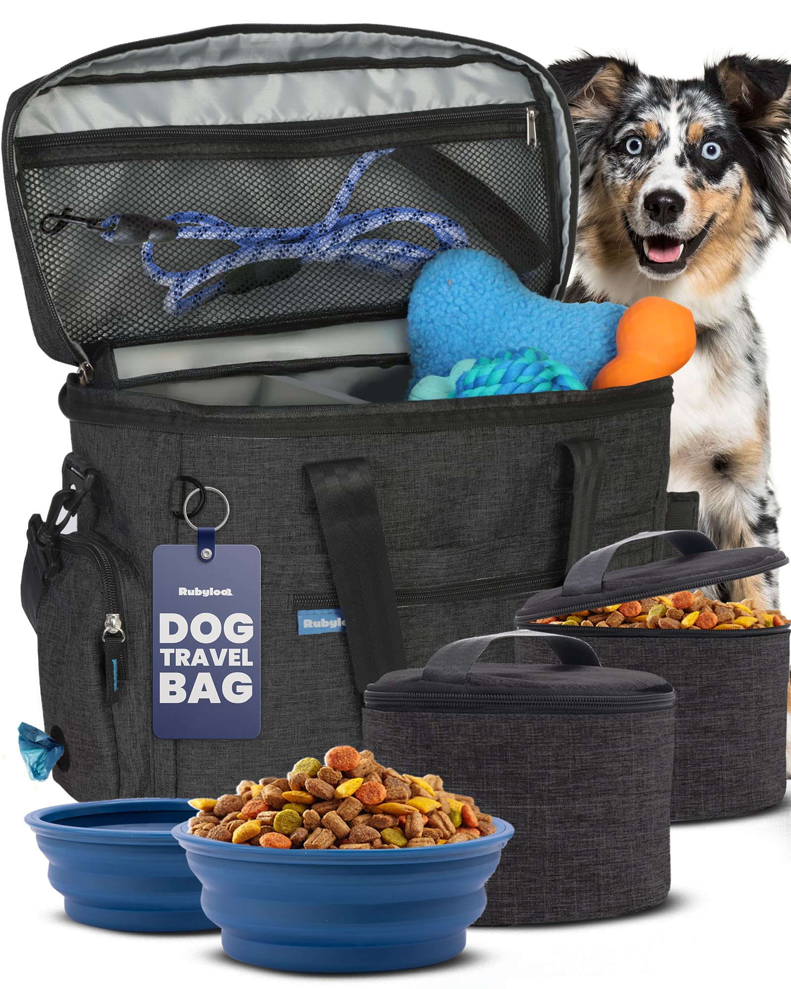 The Original Doggy Bag™ - Complete Dog Travel Bag for Supplies with 2 BPA-Free Travel Dog Bowls & 2 Pet Food Containers - Traveling Kit for Road Trips, Camping, Weekend Away or Doggy Gift: Beige