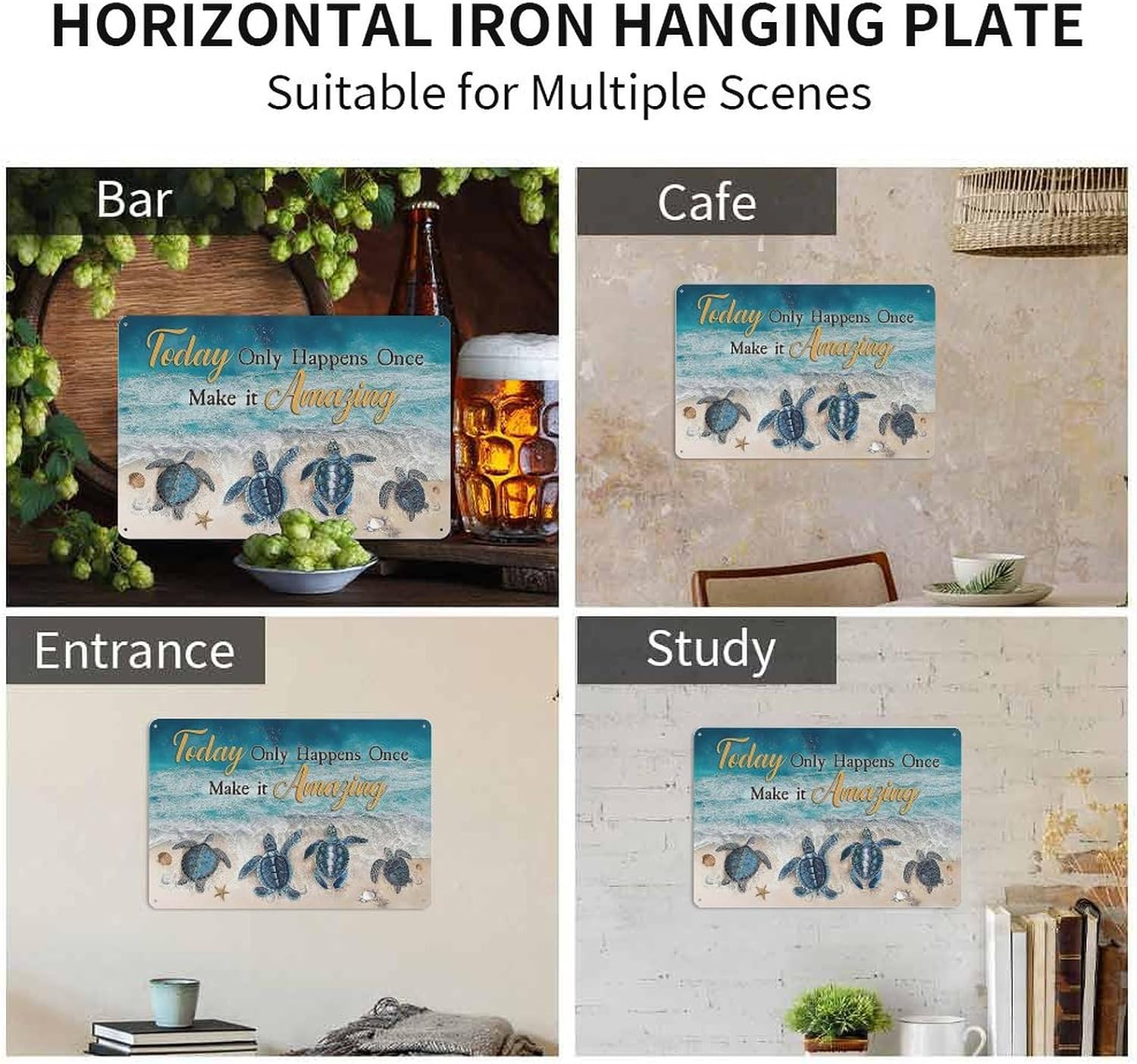 Rustic Vintage Metal Tin Sign Beach Bathroom Decor Sea Turtle Wall Art Seashells Ocean Coastal Scenery Print Artwork Novelty Metal Sign for Home Kitchen Parlor Wall Decor 8x12 Inch