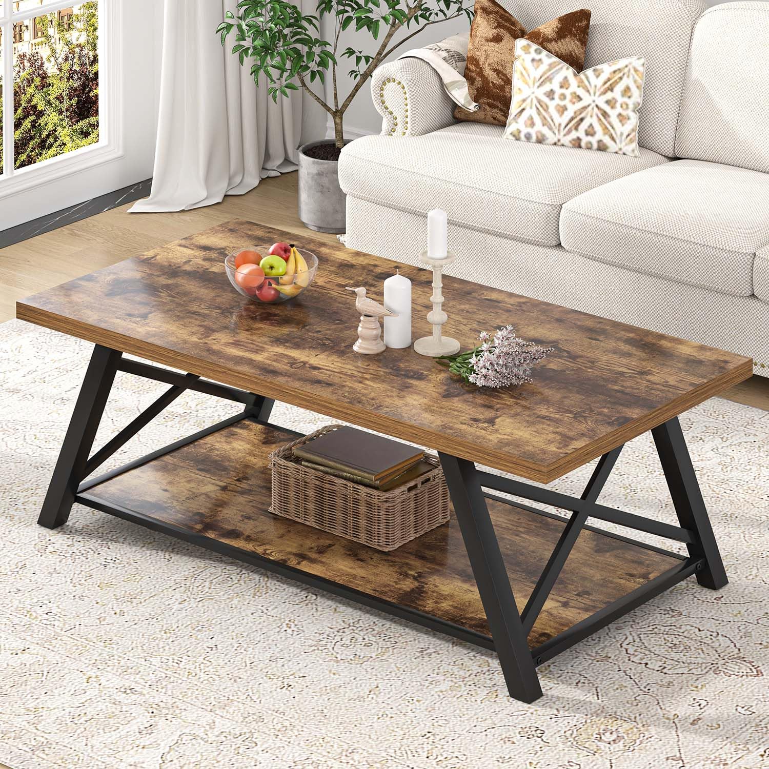 EXCEFUR Modern Coffee Table, Rectangle Center Table for Living Room with Storage Shelf, Industrial Wood and Metal Cocktail Tea Table, Rustic Oak, 47 Inch