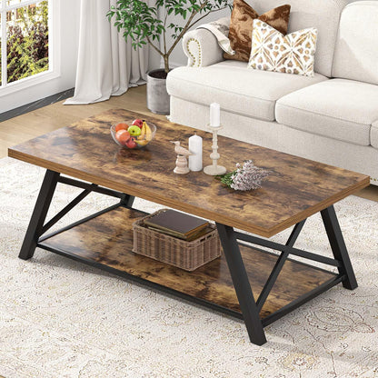 EXCEFUR Modern Coffee Table, Rectangle Center Table for Living Room with Storage Shelf, Industrial Wood and Metal Cocktail Tea Table, Rustic Oak, 47 Inch