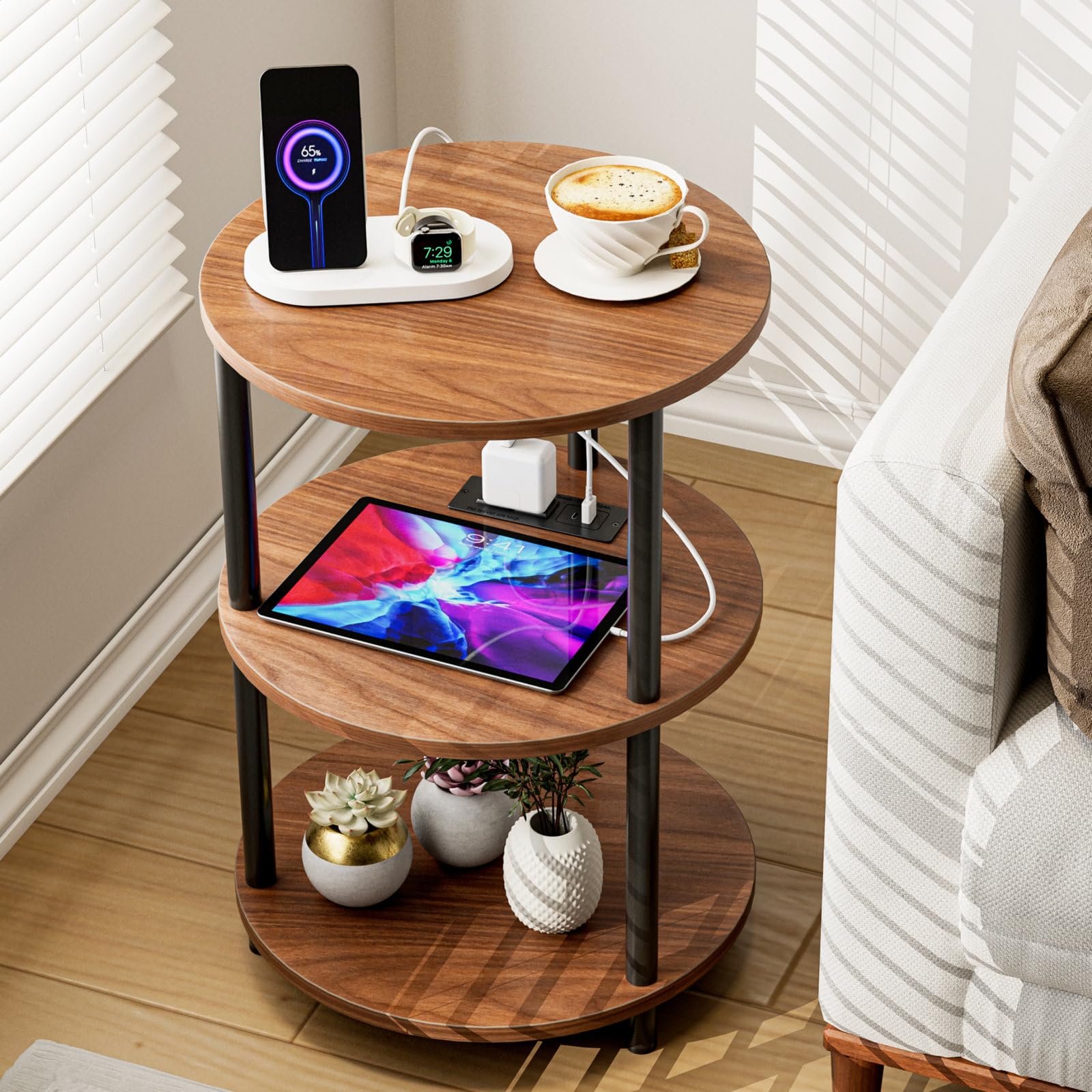 XBurmo Small Round Coffee Table - 3 Tier Design Accent Table, Narrow Side or Bedside Stand, Industrial Vintage Nightstand for Bedroom, Living Room, or Small Spaces, Rustic Brown