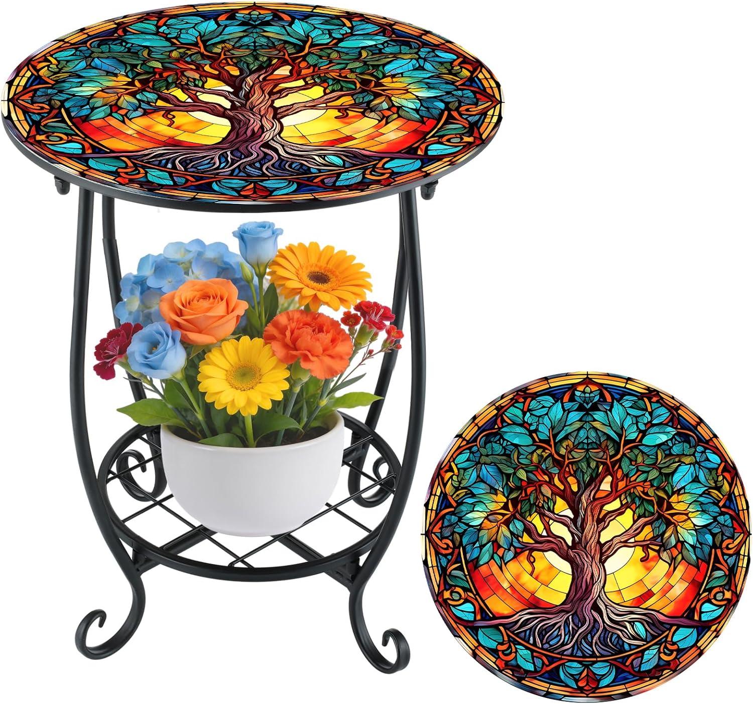 Cinnvoice Outdoor Side Table Round Small Mosaic Patio Accent Indoor End Plant Coffee Tea Table for Yard Patio Porch Garden Living Room, Bedroom(Butterfly Style,14 Inch)