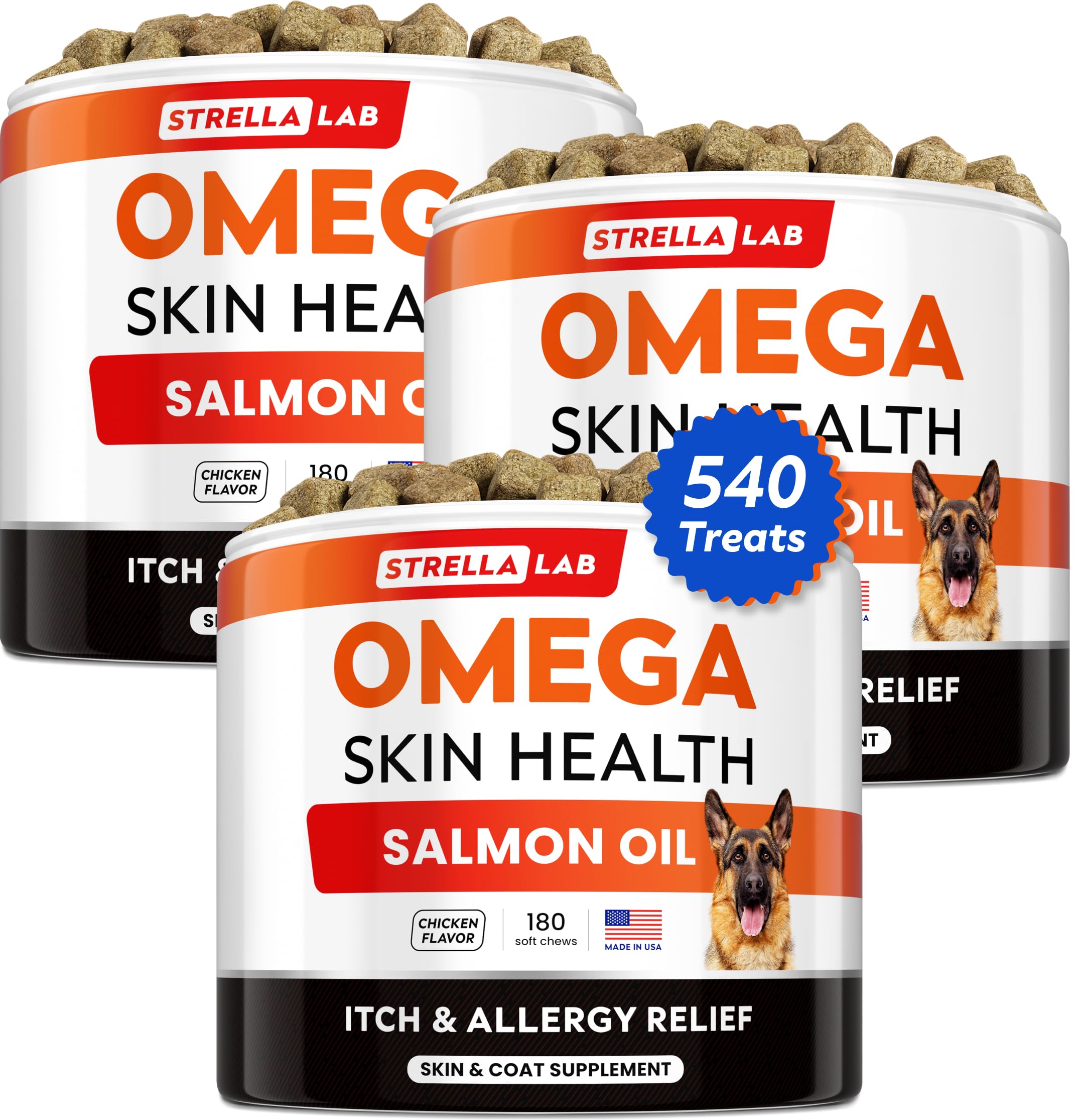 StrellaLab Omega 3 for Dogs - (180Ct) Fish Oil Treats - Allergy & Itch Relief Skin & Coat Supplement - Dry Itchy Skin, Anti Shedding & Hot Spots Treatment - Pet Salmon Oil Chews - Chicken Flavor