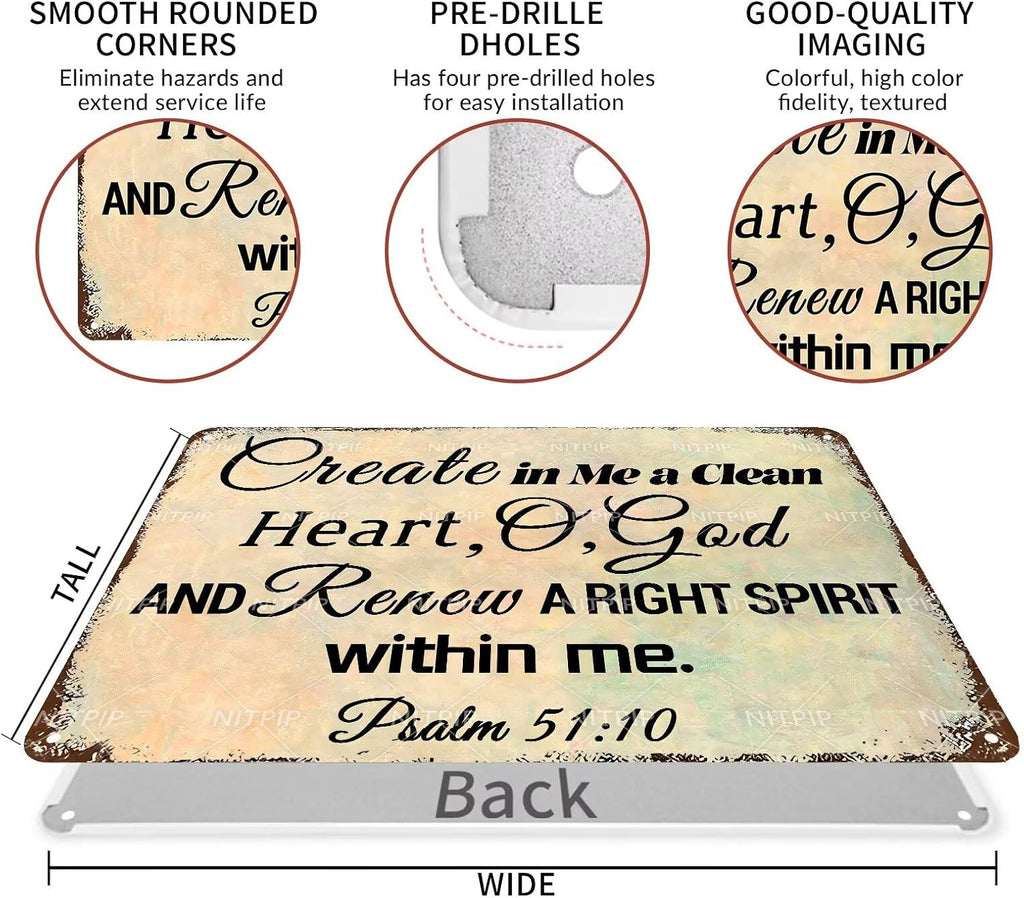 Psalm 51：10 Metal Tin Sign Bible Verse Metal Sign Art Decor - Christian Wall Art Faith Metal Tin Sign Prayer Religious Sign for Home Decor 8x12 Inch