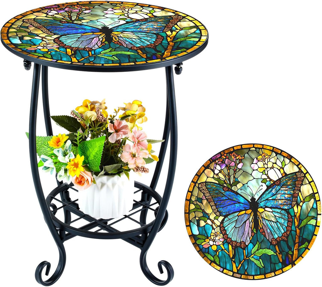 Cinnvoice Outdoor Side Table Round Small Mosaic Patio Accent Indoor End Plant Coffee Tea Table for Yard Patio Porch Garden Living Room, Bedroom(Butterfly Style,14 Inch)