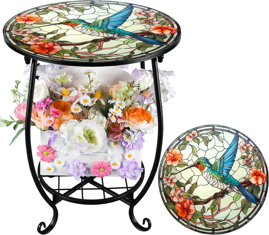 Cinnvoice Outdoor Side Table Round Small Mosaic Patio Accent Indoor End Plant Coffee Tea Table for Yard Patio Porch Garden Living Room, Bedroom(Butterfly Style,14 Inch)