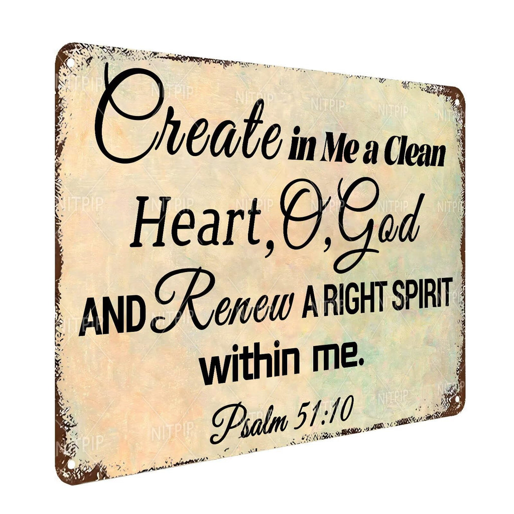 Psalm 51：10 Metal Tin Sign Bible Verse Metal Sign Art Decor - Christian Wall Art Faith Metal Tin Sign Prayer Religious Sign for Home Decor 8x12 Inch