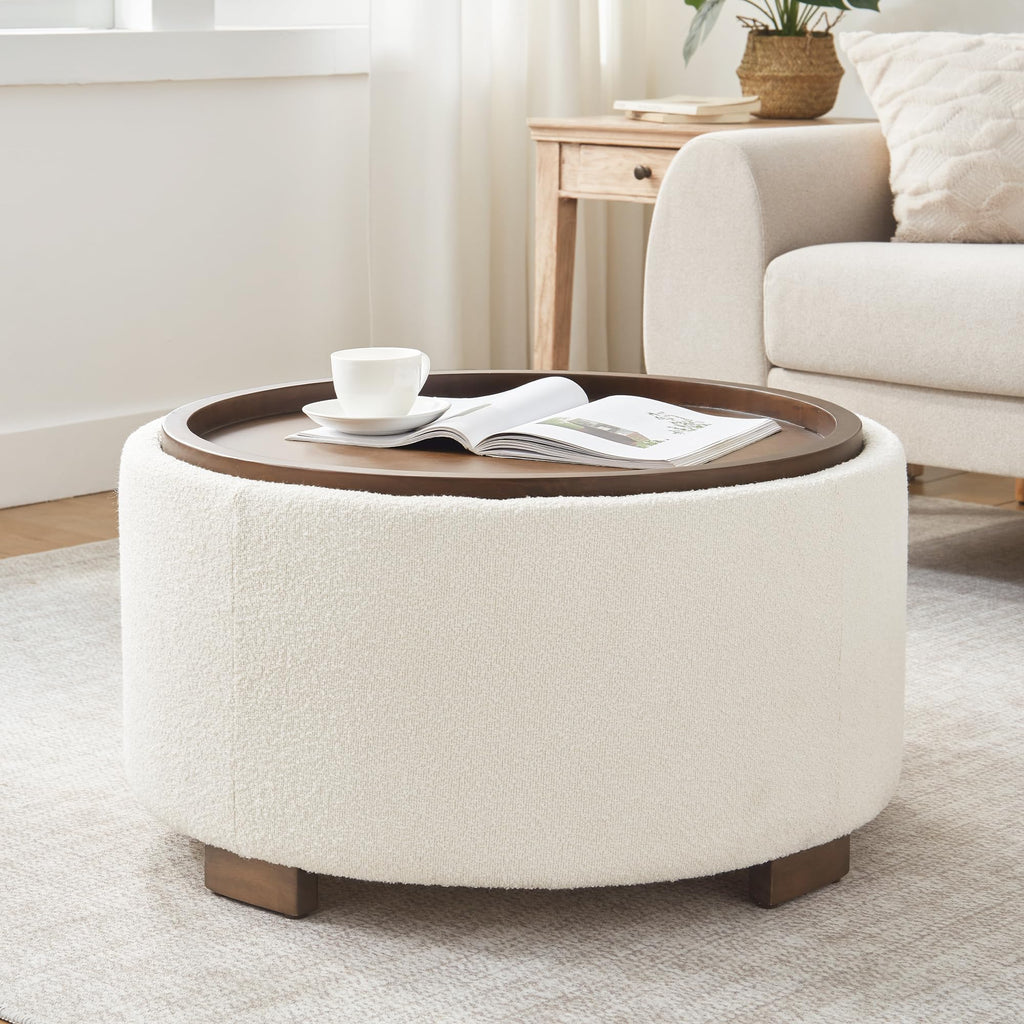 Zihanhome 30 Inch Round Storage Ottoman Coffee Table, Modern Boucle Ottoman with Lift-Off Lid and Solid Wood Legs for Living Room, Bedroom, Corners, Apartments (Beige)