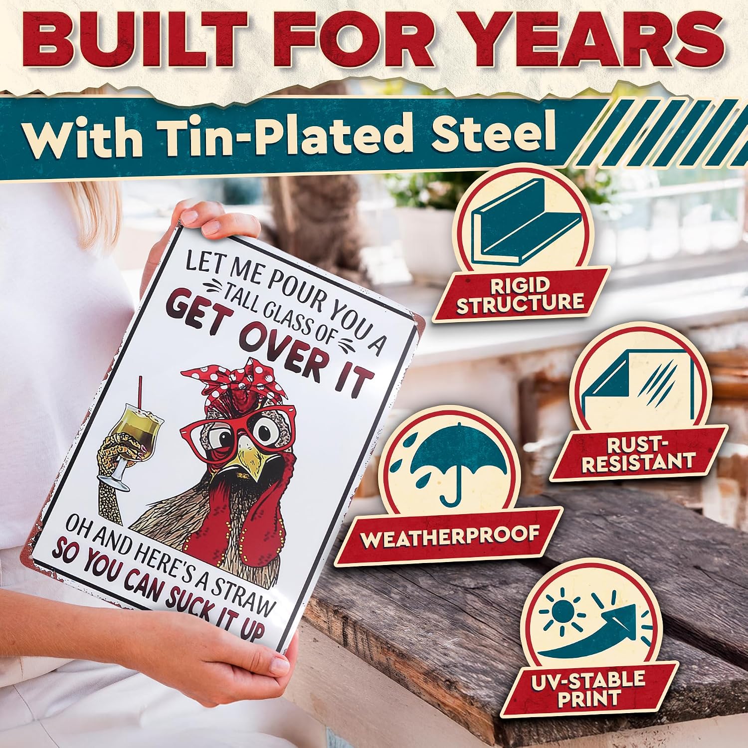 Let Me Pour You a Tall Glass of Get Over It Tin Sign 8x12" – Metal Signs for Outside – Rustic Tin Farmhouse Wall Art & Vintage Funny Kitchen Signs for Kitchen, Barn, or Yard | Chicken Coop Accessories
