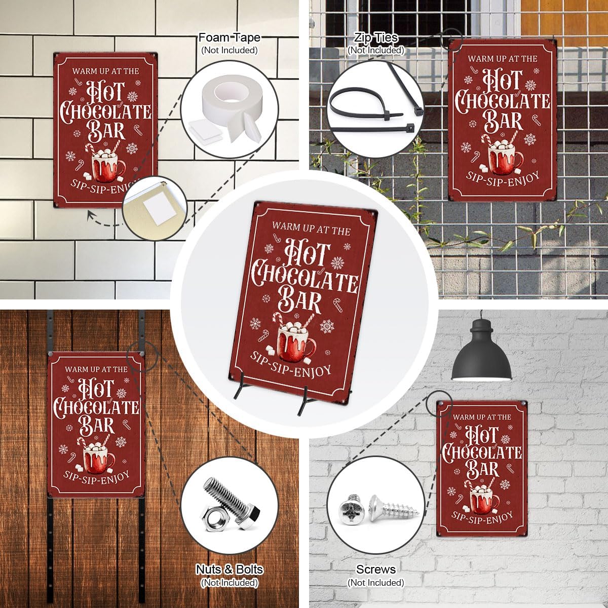 Christmas Metal Signs Red Hot Chocolate Bar Tin Sign Vintage Print Art Poster Ornaments for Home Kitchen Patio Yard Office Cafe Coffee Bar Front Door Porch Wall Decor Xmas Novelty Gift 8X12 Inch