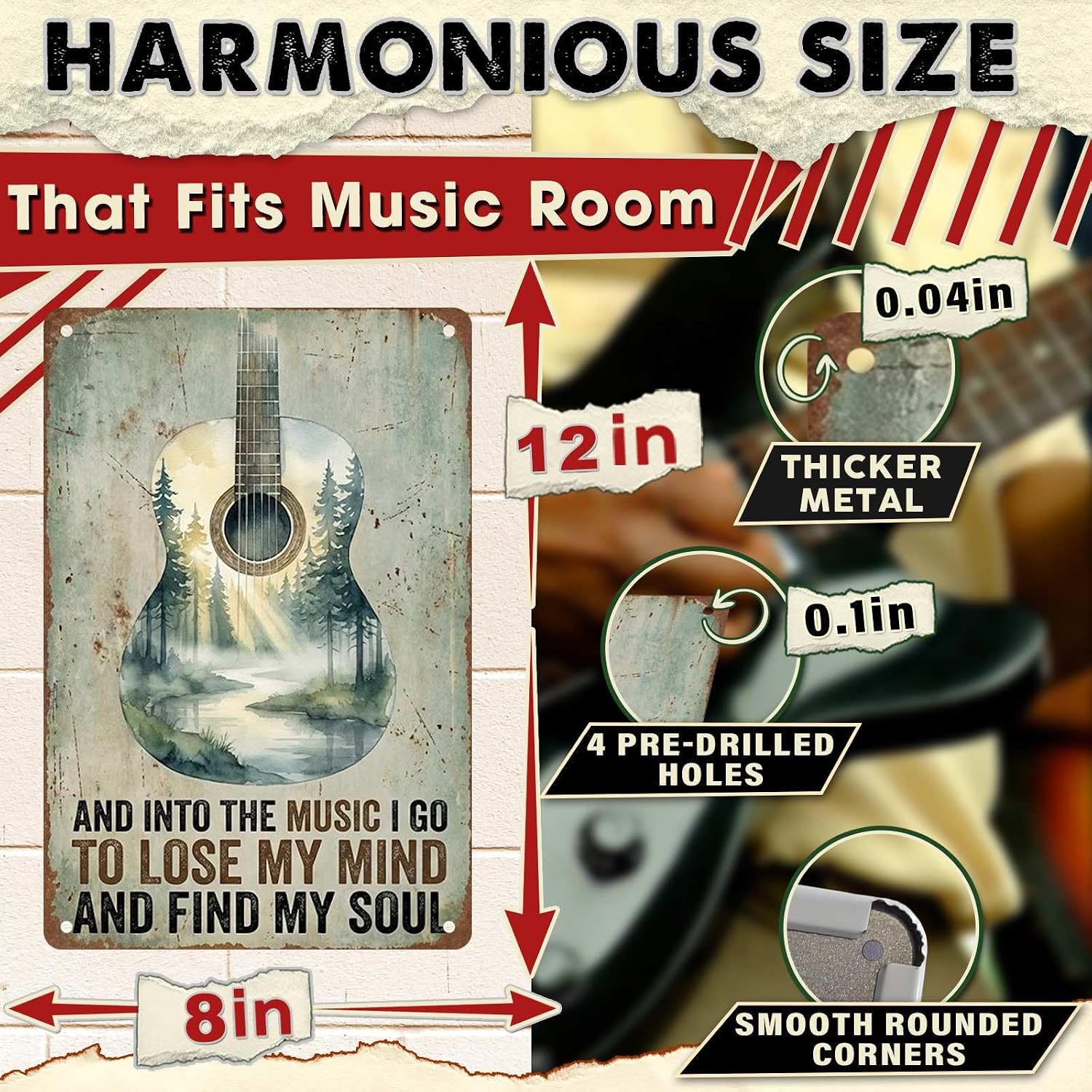 Acoustic Guitar Metal Tin Sign Nature Scenery Music Decor Vintage Wall Art Gift for Guitar Player Camping Lover 8x12Inch