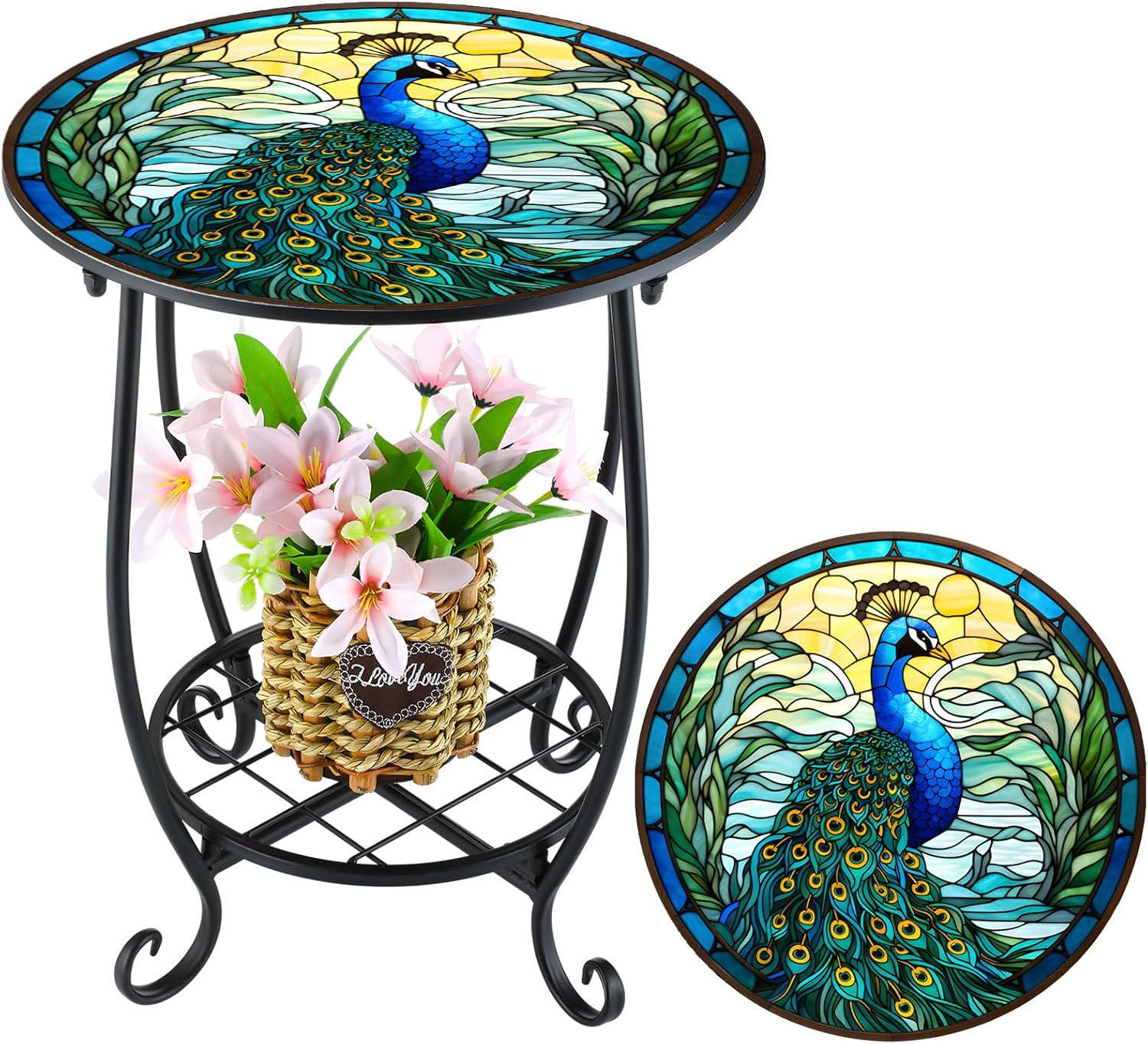 Cinnvoice Outdoor Side Table Round Small Mosaic Patio Accent Indoor End Plant Coffee Tea Table for Yard Patio Porch Garden Living Room, Bedroom(Butterfly Style,14 Inch)