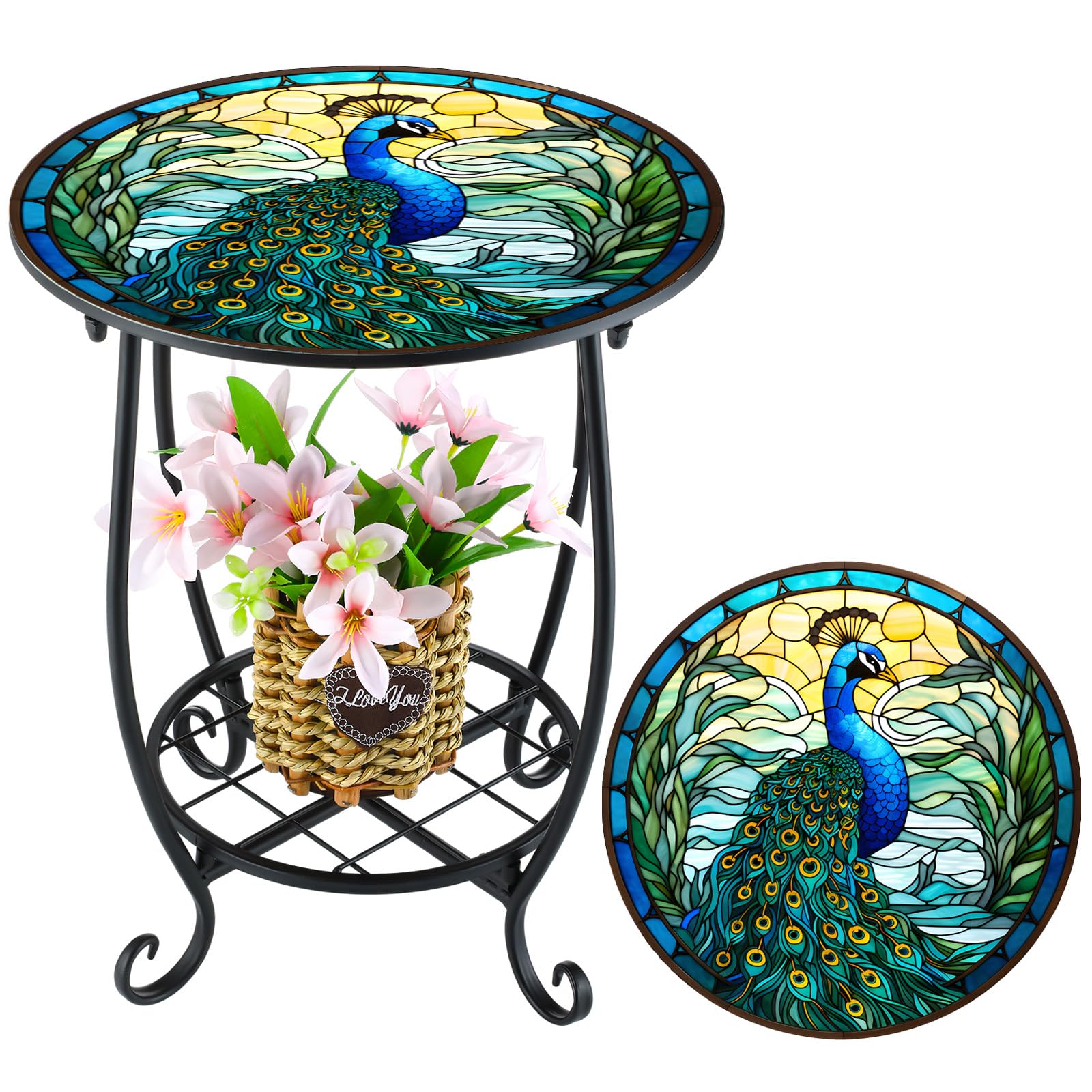 Cinnvoice Outdoor Side Table Round Small Mosaic Patio Accent Indoor End Plant Coffee Tea Table for Yard Patio Porch Garden Living Room, Bedroom(Butterfly Style,14 Inch)