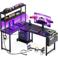 AODK L Shaped Desk Gaming Desk with LED Light & Power Outlet, 53 Inch Reversible L Shaped Computer Table with Shelf & Storage Bag & Hook for Home Office, Black