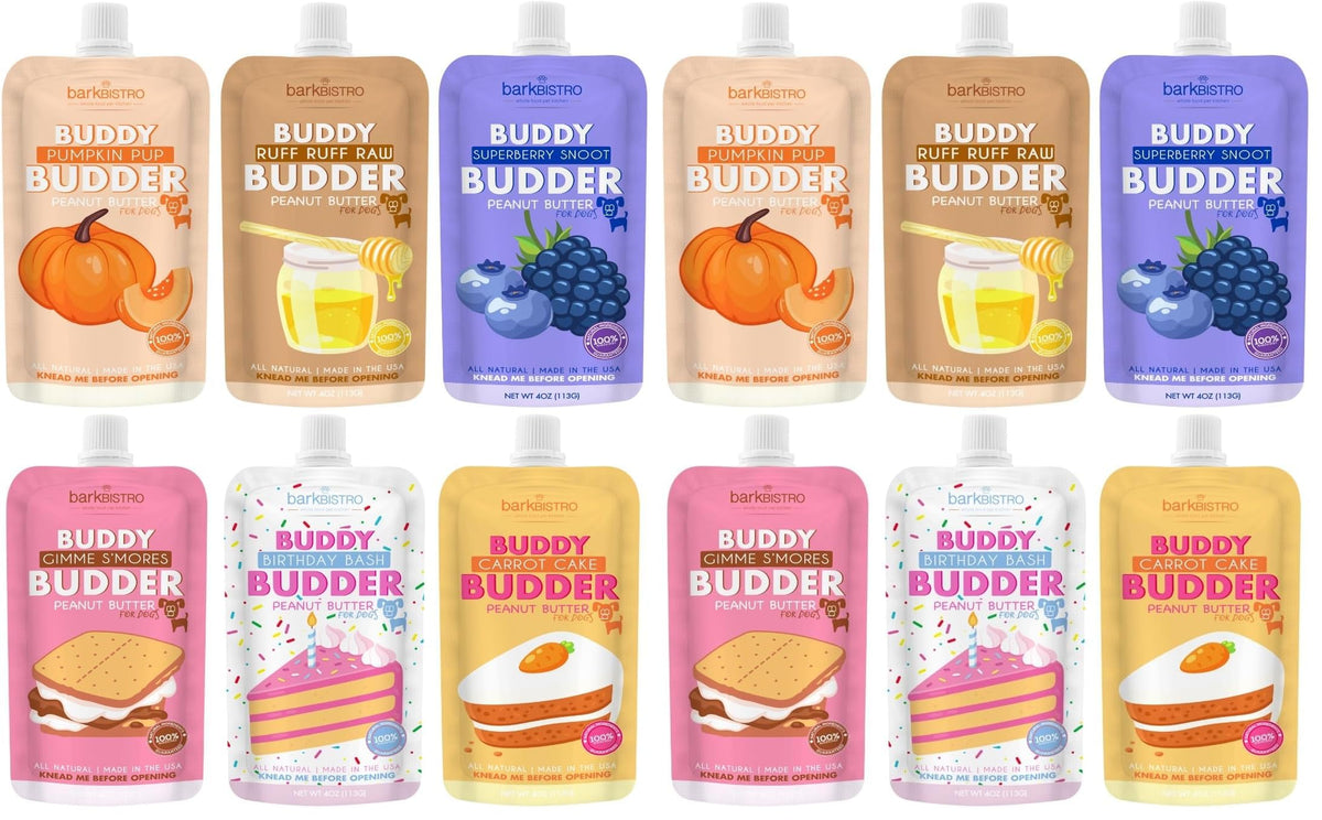 BUDDY BUDDER 6 Pack Mixed Flavor Squeeze Packs, 100% Natural Dog Peanut Butter, Healthy Peanut Butter Dog Treats, Made in USA, (4oz Packs)
